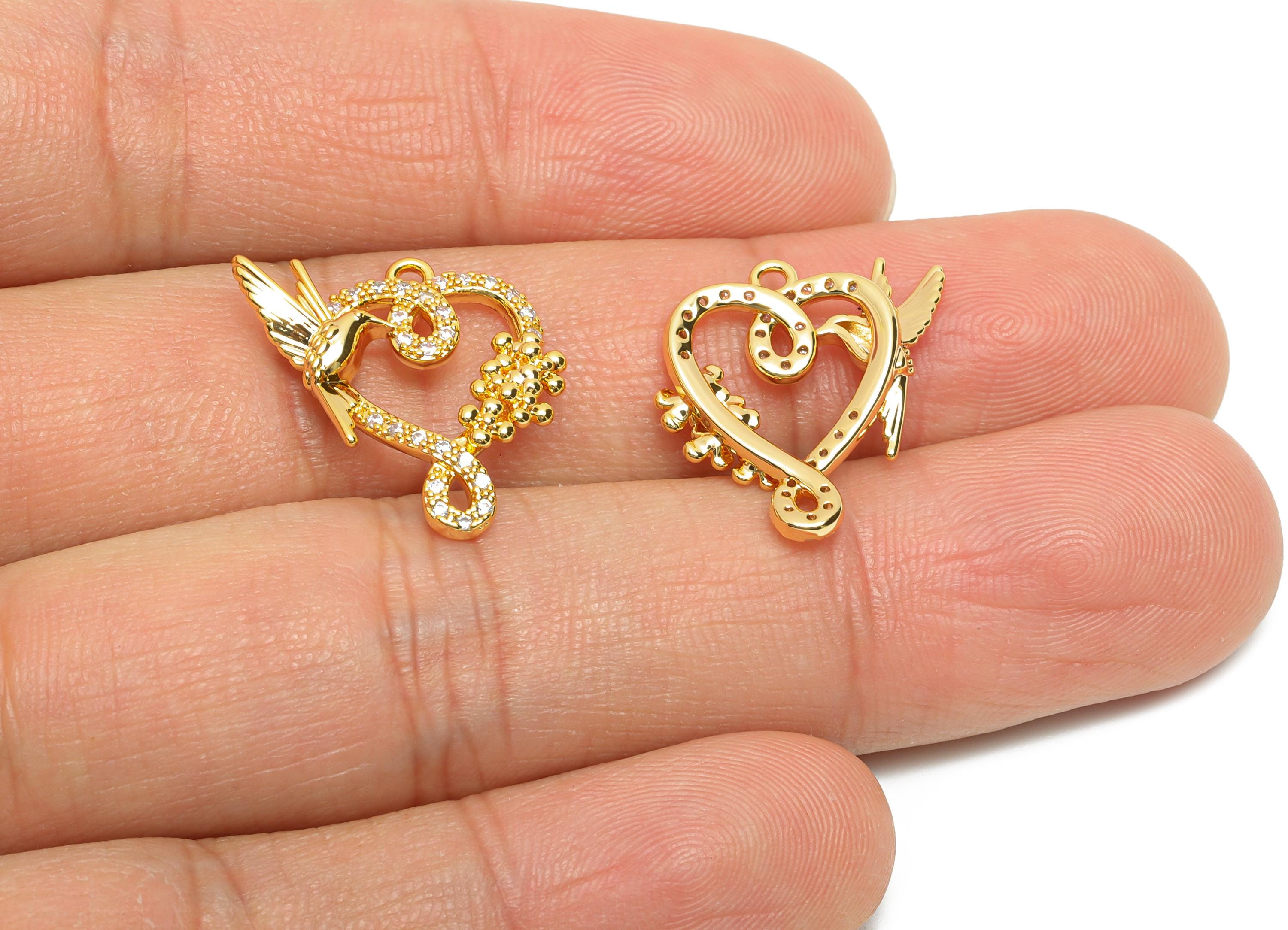 Dainty Gold Hummingbird Pendant - Brass Crystal Heart Pendant for Necklaces - 18K Real Gold Plating - Gold Jewelry - 19x17x2.73mm - RGP10825 - DOMEDBAZAAR
