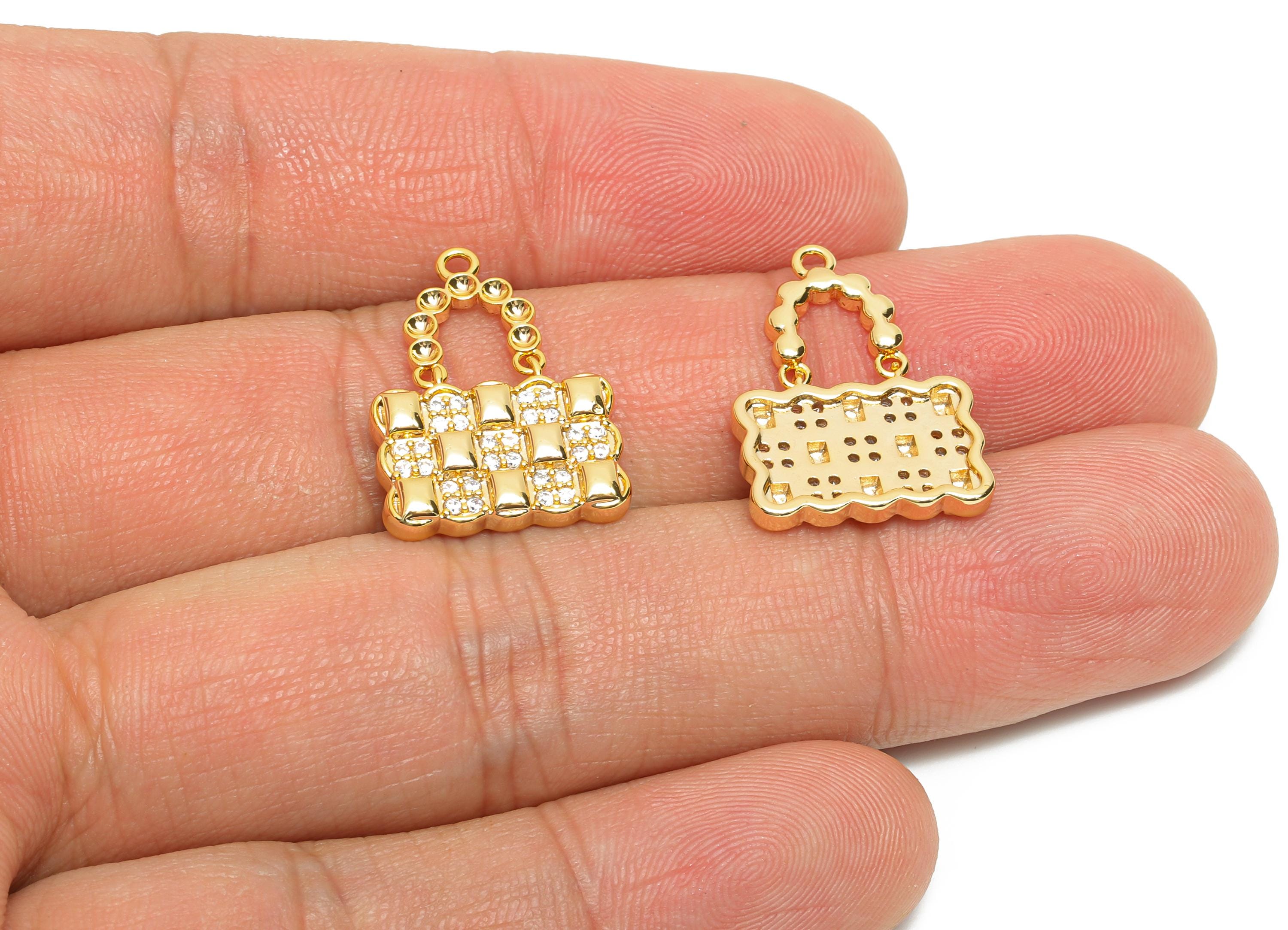 Luxury CZ Handbag Charm - Brass Fashion Bag Pendant for Necklace - 18K Real Gold Plated - Purse Charm for DIY Jewelry - 21x15x2mm - RGP10830 - DOMEDBAZAAR