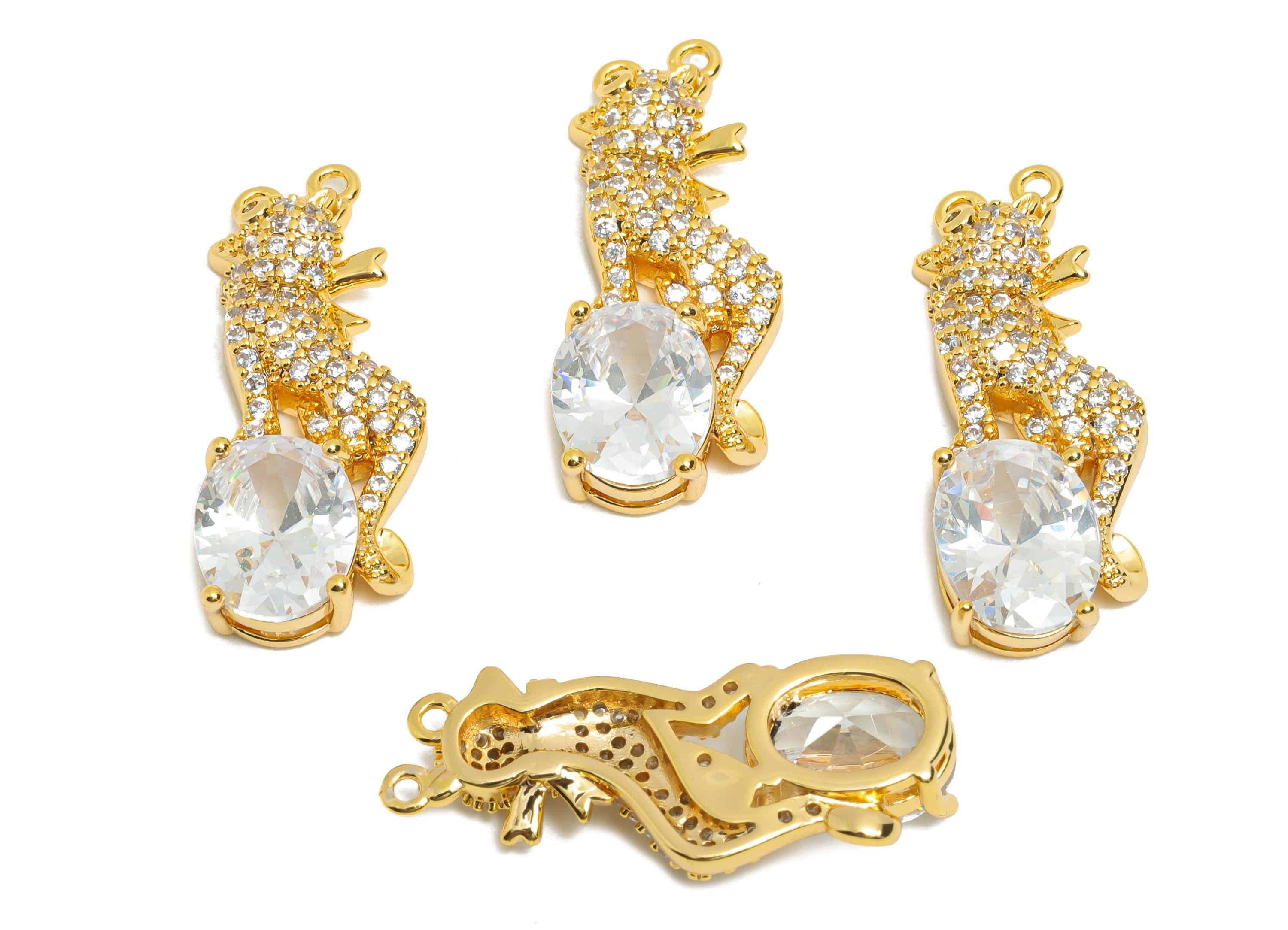 Dainty Gold Crystal Lion Charm- Brass Zircon Lion Charm for Necklaces - 18K Real Gold Plating - Powerful Lion Jewelry - 24x9x4mm - RGP10829 - DOMEDBAZAAR