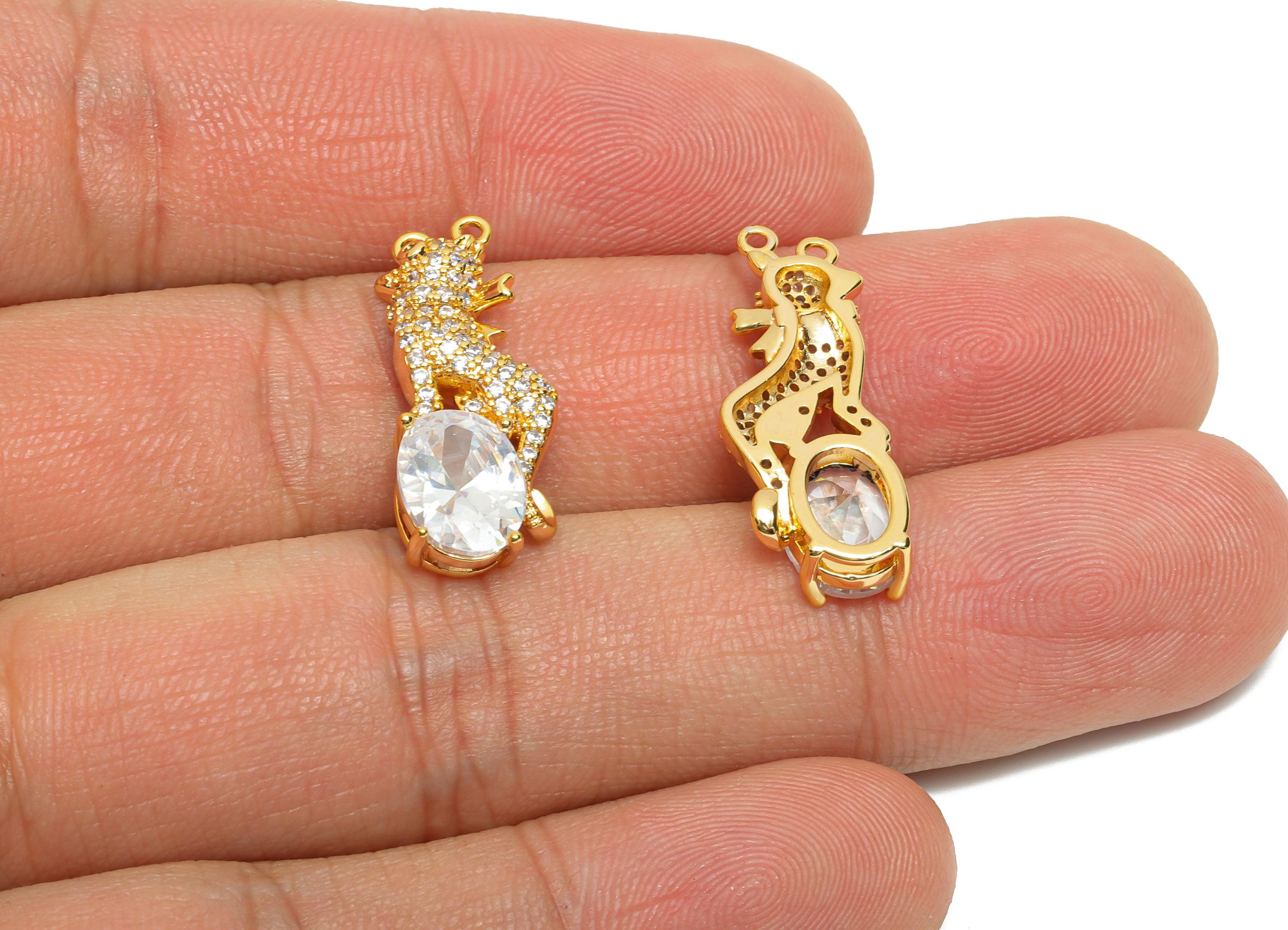 Dainty Gold Crystal Lion Charm- Brass Zircon Lion Charm for Necklaces - 18K Real Gold Plating - Powerful Lion Jewelry - 24x9x4mm - RGP10829 - DOMEDBAZAAR