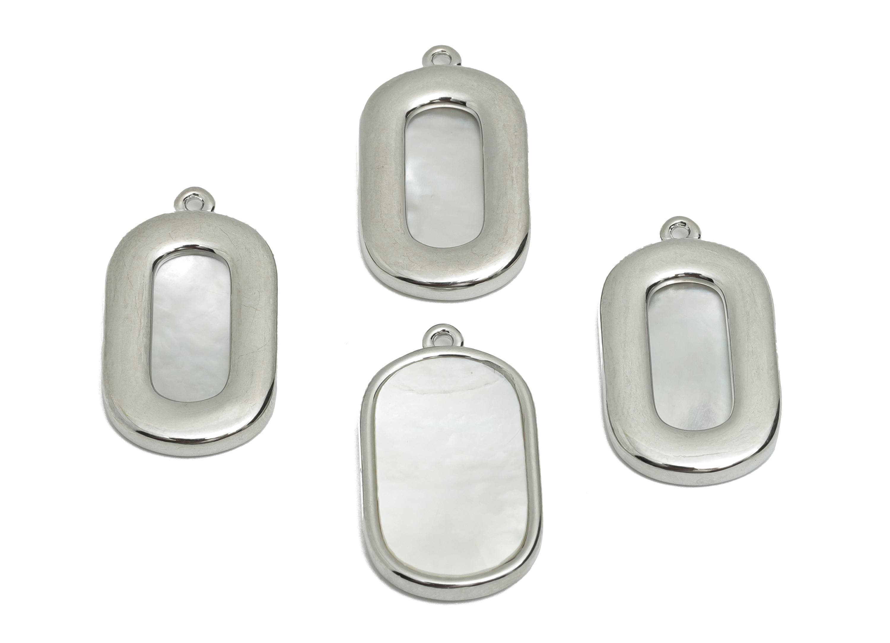 Oval Rectangle Shell Charm - Brass Frame Shell Necklace Pendant - Modern Geometric Charms - 18K White Gold Plated - 22.7x13x2mm - RGP10842 - DOMEDBAZAAR