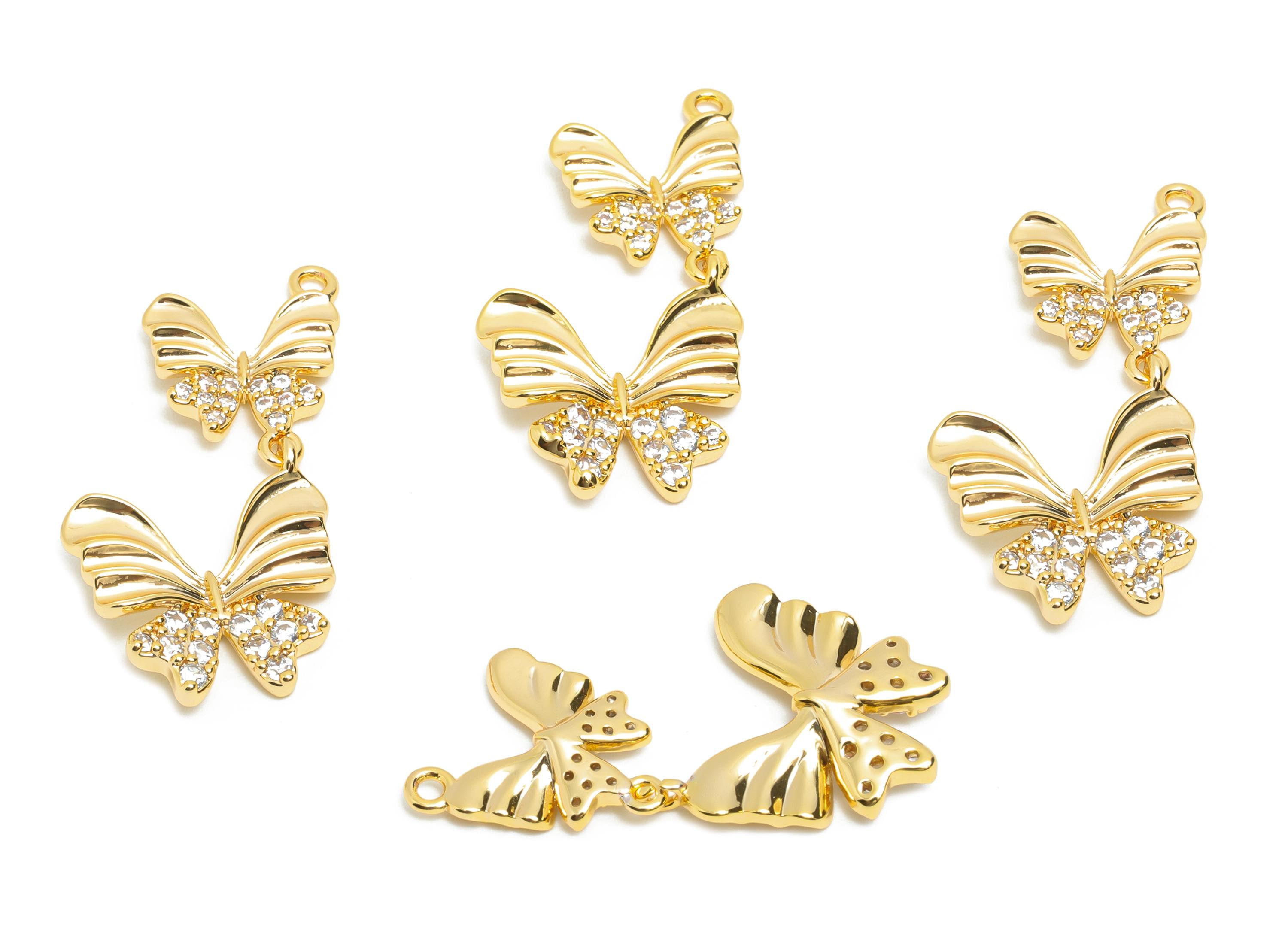 Dainty Gold Butterfly Charm - Brass Zircon Butterfly Charm for Necklaces - 18K Real Gold Plating -Rhinestone Pendant - 26x14x2mm - RGP10833 - DOMEDBAZAAR
