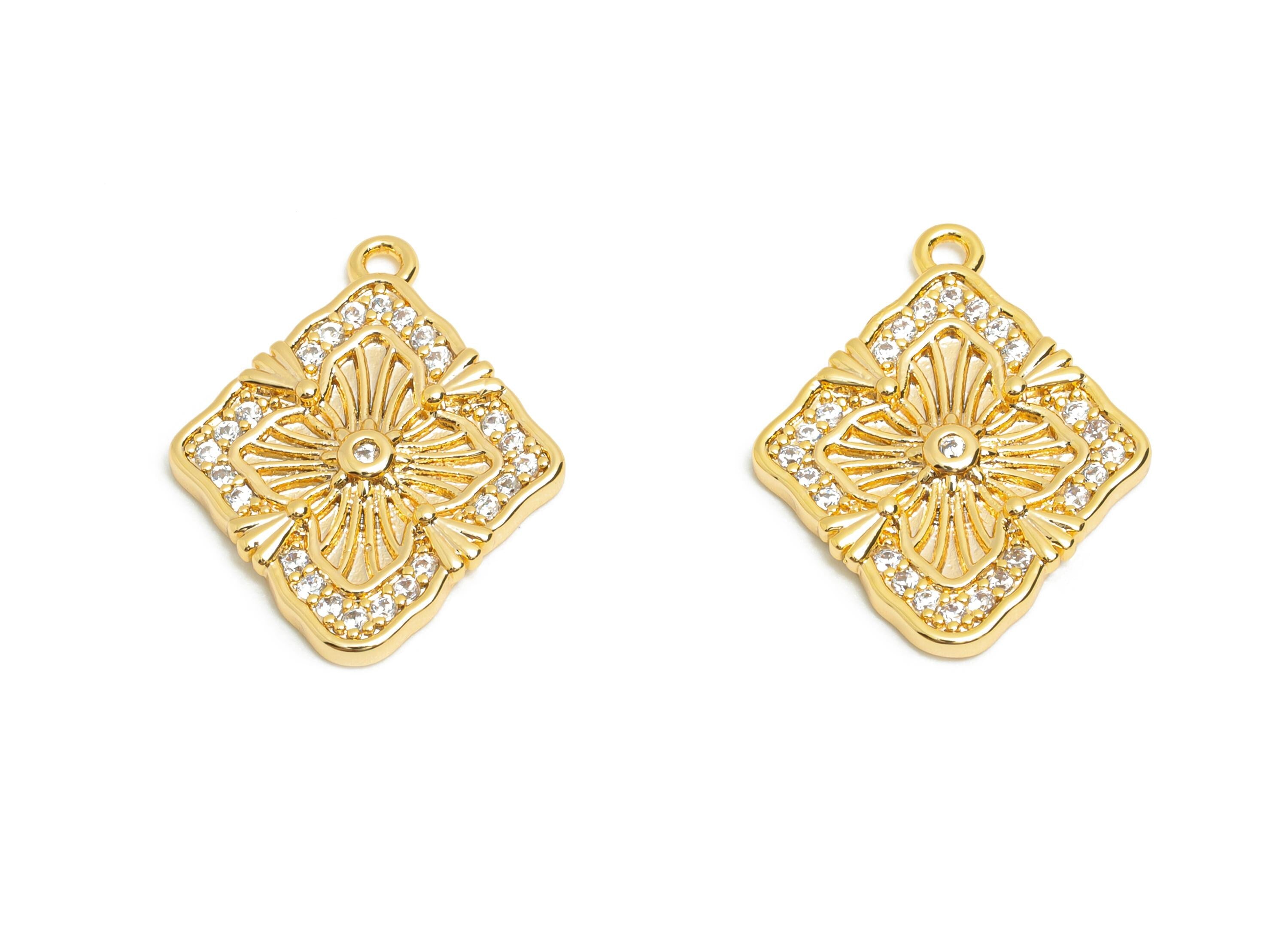 Dainty CZ Floral Pendant - Brass Zircon Luxury Vintage Charm for DIY Necklaces - 18K Real Gold Plating - Boho Pendant - 26x14x2mm - RGP10826 - DOMEDBAZAAR