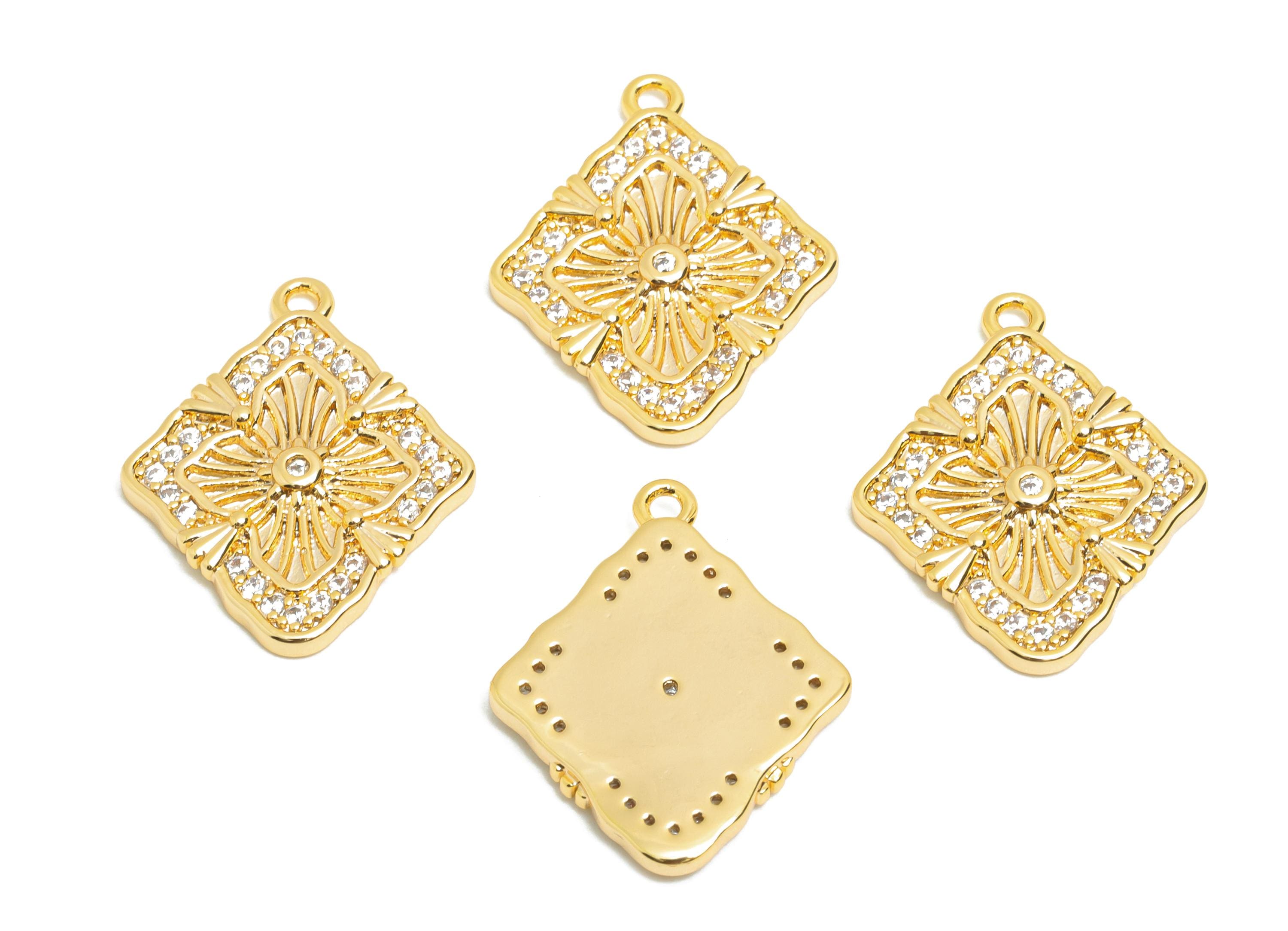 Dainty CZ Floral Pendant - Brass Zircon Luxury Vintage Charm for DIY Necklaces - 18K Real Gold Plating - Boho Pendant - 26x14x2mm - RGP10826 - DOMEDBAZAAR