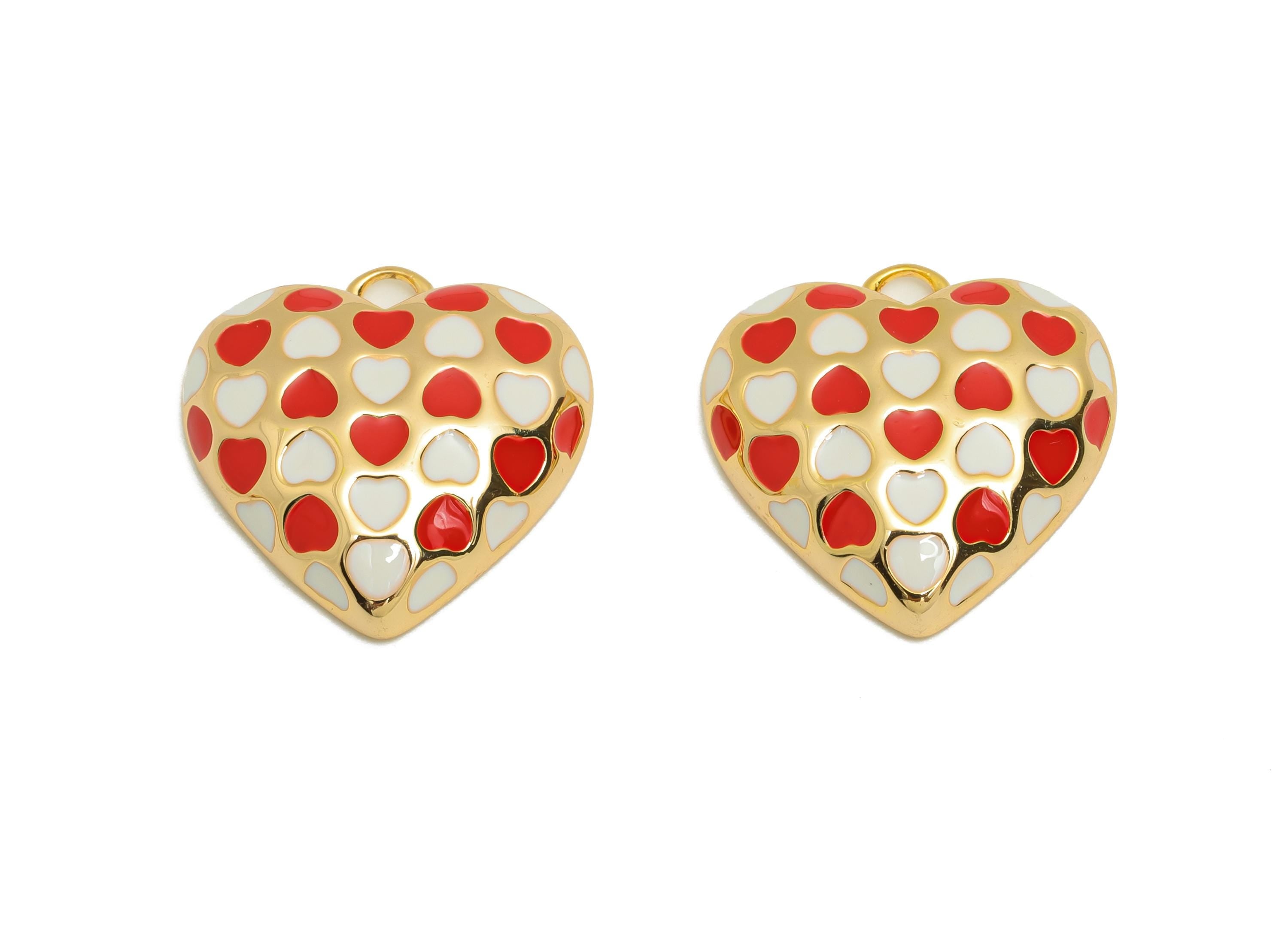Dainty Heart Pendant - Brass Enamel Vintage Charm for DIY Necklaces - 18K Real Gold Plating - Red White Heart Pendant- 17x17x4mm - RGP10843 - DOMEDBAZAAR