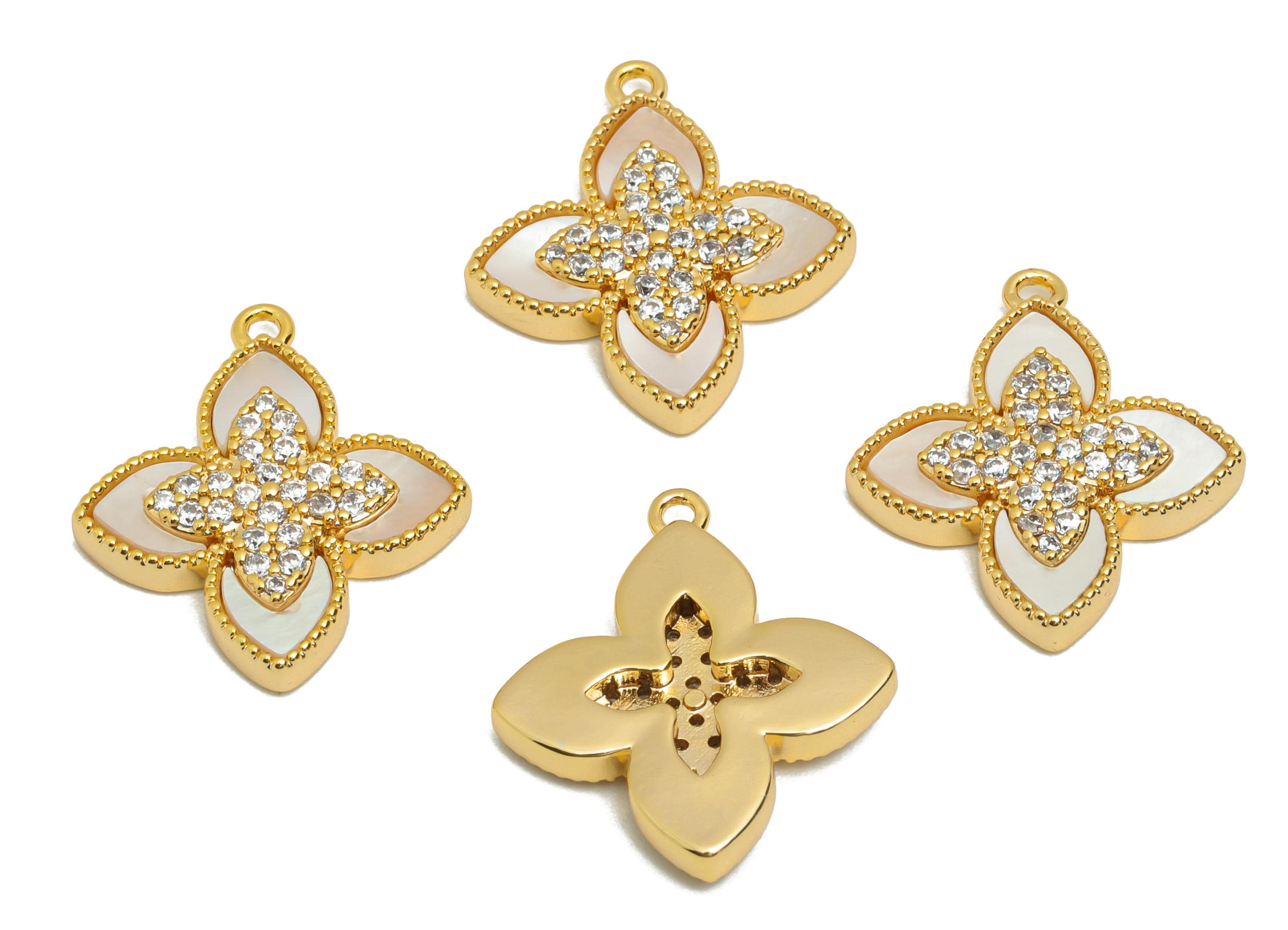 Cubic Zircon Flower Pendant - Brass Sparking Shell Custom Jewelry for DIY Necklaces - 18K Real Gold Plating - 19x17x3.31mm - RGP10836 - DOMEDBAZAAR