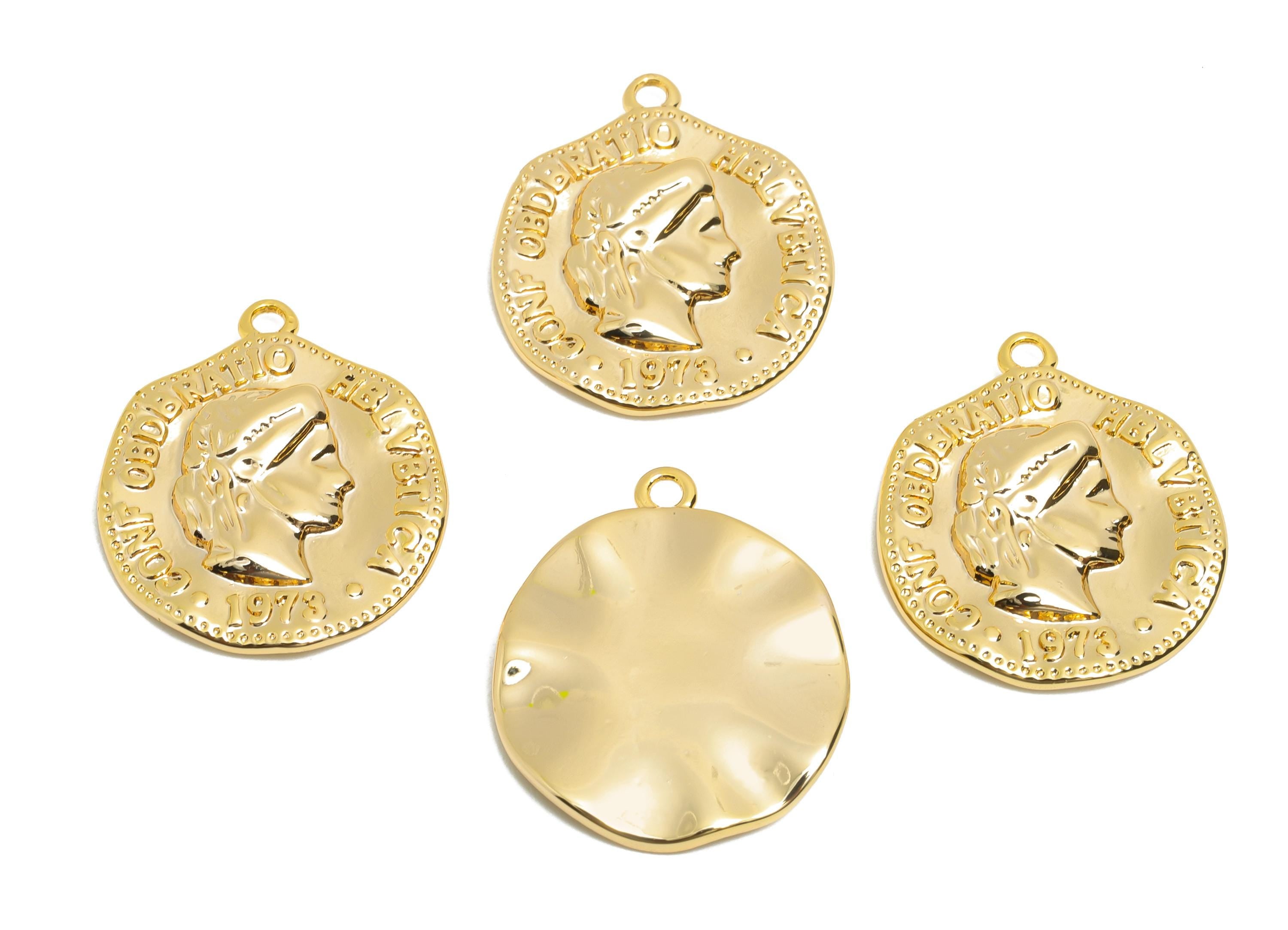 Helvetia Coin Charm - Brass Antique Style Pendant for Necklace - 18K Real Gold Plating - Vintage Medallion Pendant - 20x16x2.95mm - RGP10824 - DOMEDBAZAAR
