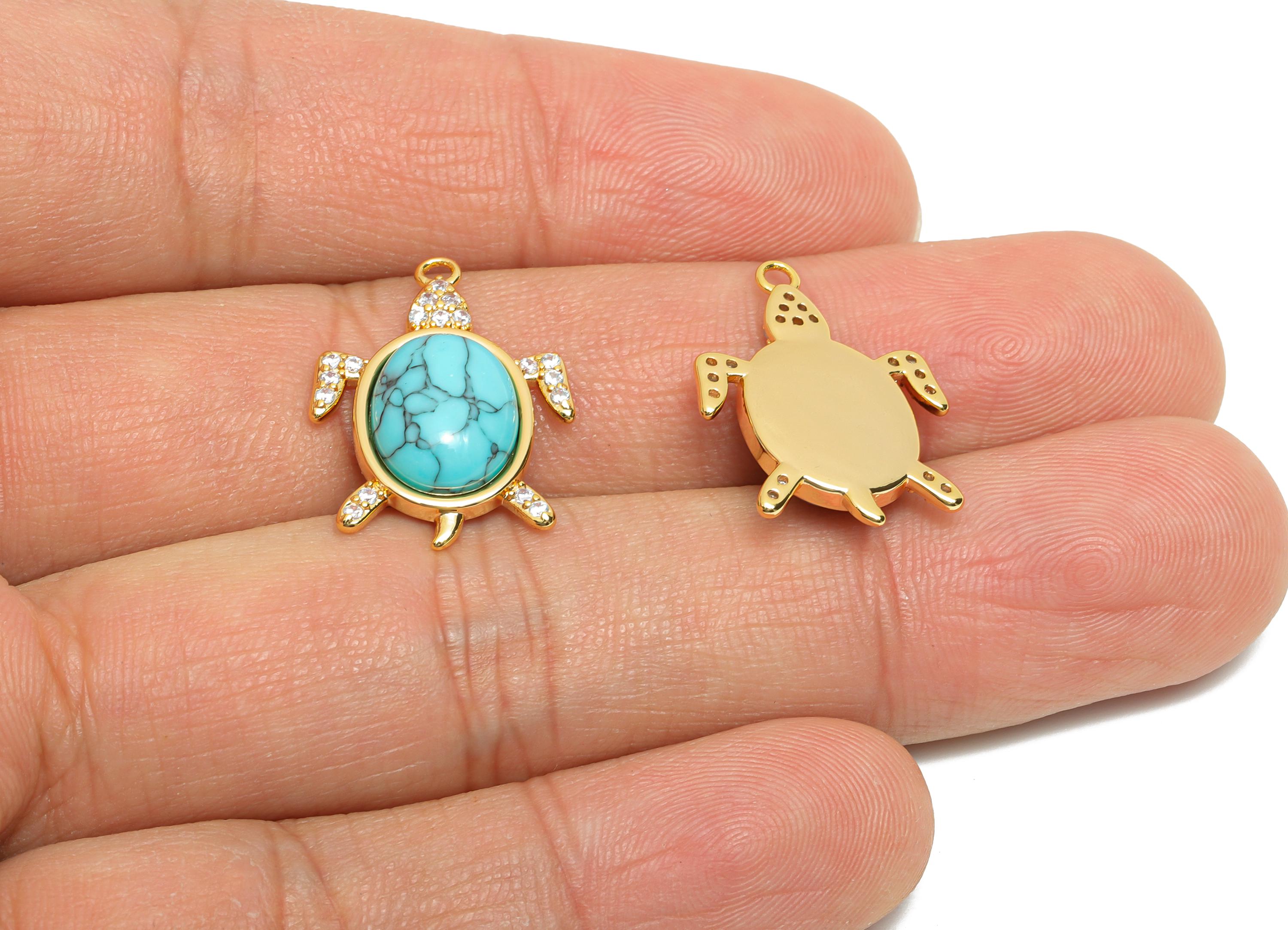 Turquoise Turtle Pendant - Brass Zircon Tropical Jewelry Gold Turtle Pendant - 18K Real Gold Plating - Ocean-Themed - 21x15x5mm - RGP10835 - DOMEDBAZAAR
