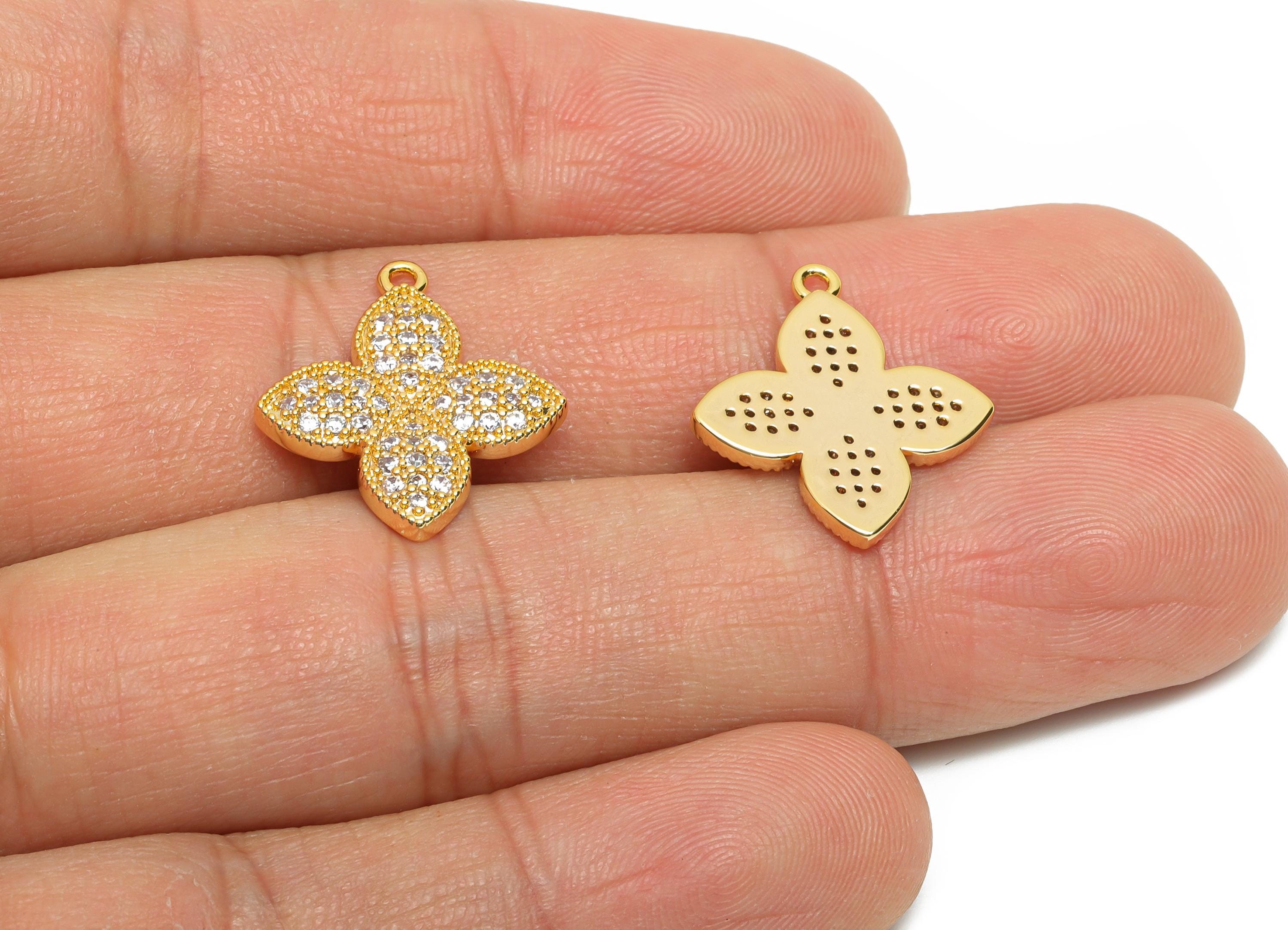 Brass CZ Flower Charm - Sparkling Gold Four-Leaf Clover Zircon Charm - Refined Jewelry Finding - 18K Real Gold Plated - 19x17x2mm - RGP10828 - DOMEDBAZAAR