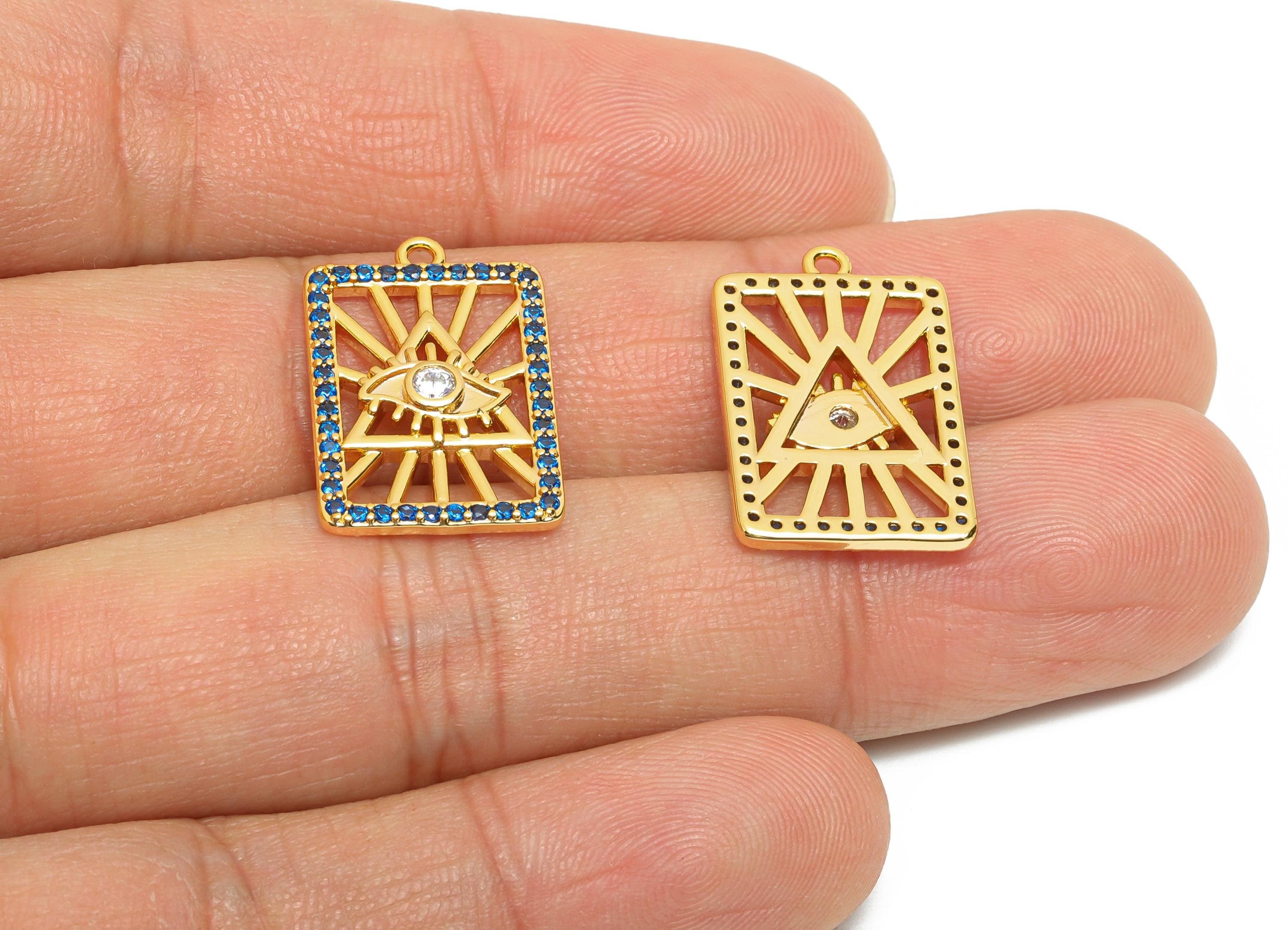 Brass Cubic Zircon Evil Eye Charm - Gold Rectangle Eye Jewelry for Necklace - All-Seeing Eye Charm - 18K Gold Plated - 21x14x2.6mm -RGP10827 - DOMEDBAZAAR