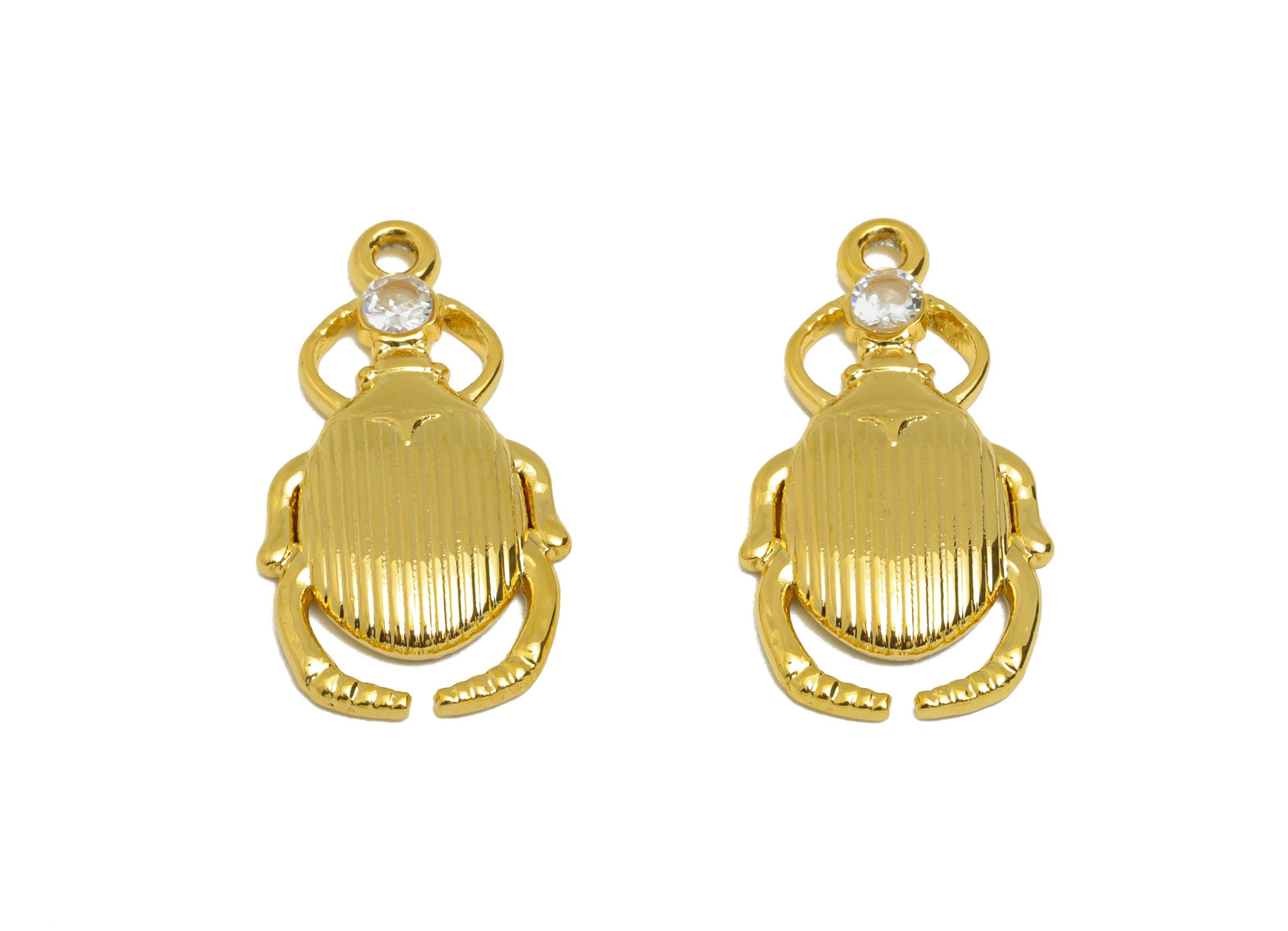 Steel Crystal Inset Charm - Steel Scarab Beetle Pendant - Minimalist Beetle Talisman Necklace - Gold Tone Vacuum Plated - 20x11x2mm - SS1529 - DOMEDBAZAAR