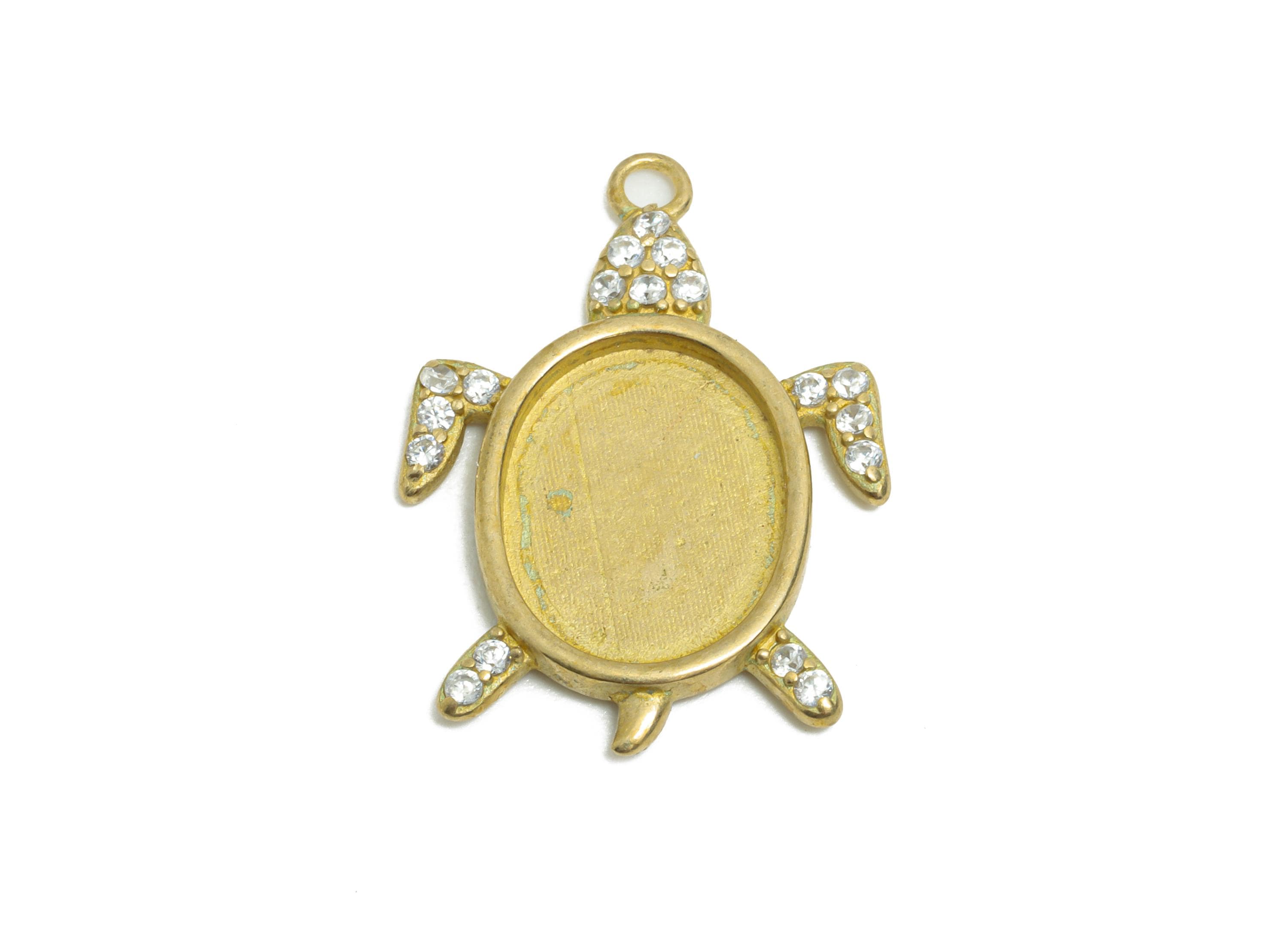 Brass Turtle Pendant - Raw Brass Bezel Frame for Jewelry Making - 18K Real Gold Plating - DIY Cabochon Turtle Charm - 21x15x5mm - PP11256 - DOMEDBAZAAR