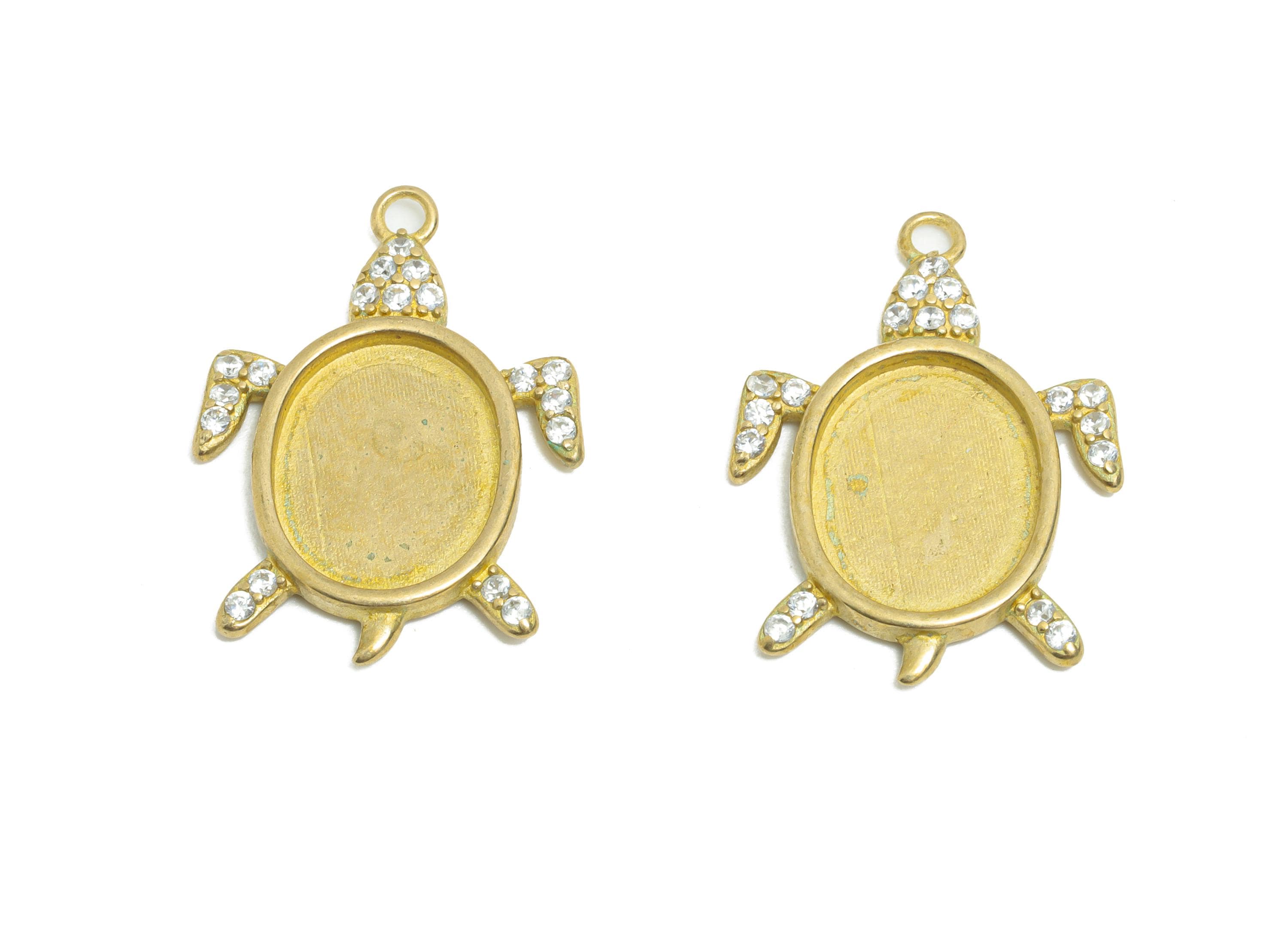 Brass Turtle Pendant - Raw Brass Bezel Frame for Jewelry Making - 18K Real Gold Plating - DIY Cabochon Turtle Charm - 21x15x5mm - PP11256 - DOMEDBAZAAR