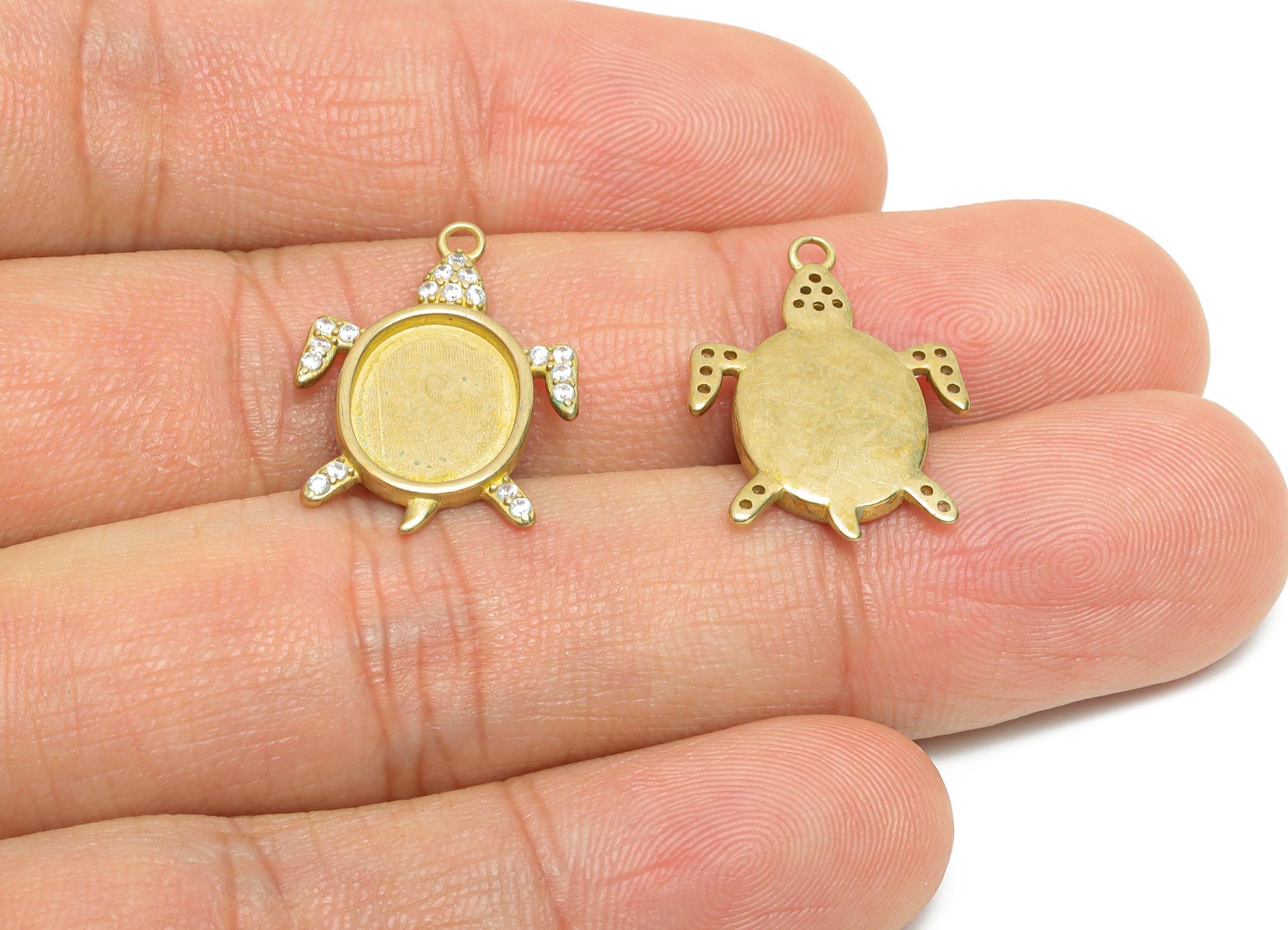 Brass Turtle Pendant - Raw Brass Bezel Frame for Jewelry Making - 18K Real Gold Plating - DIY Cabochon Turtle Charm - 21x15x5mm - PP11256 - DOMEDBAZAAR