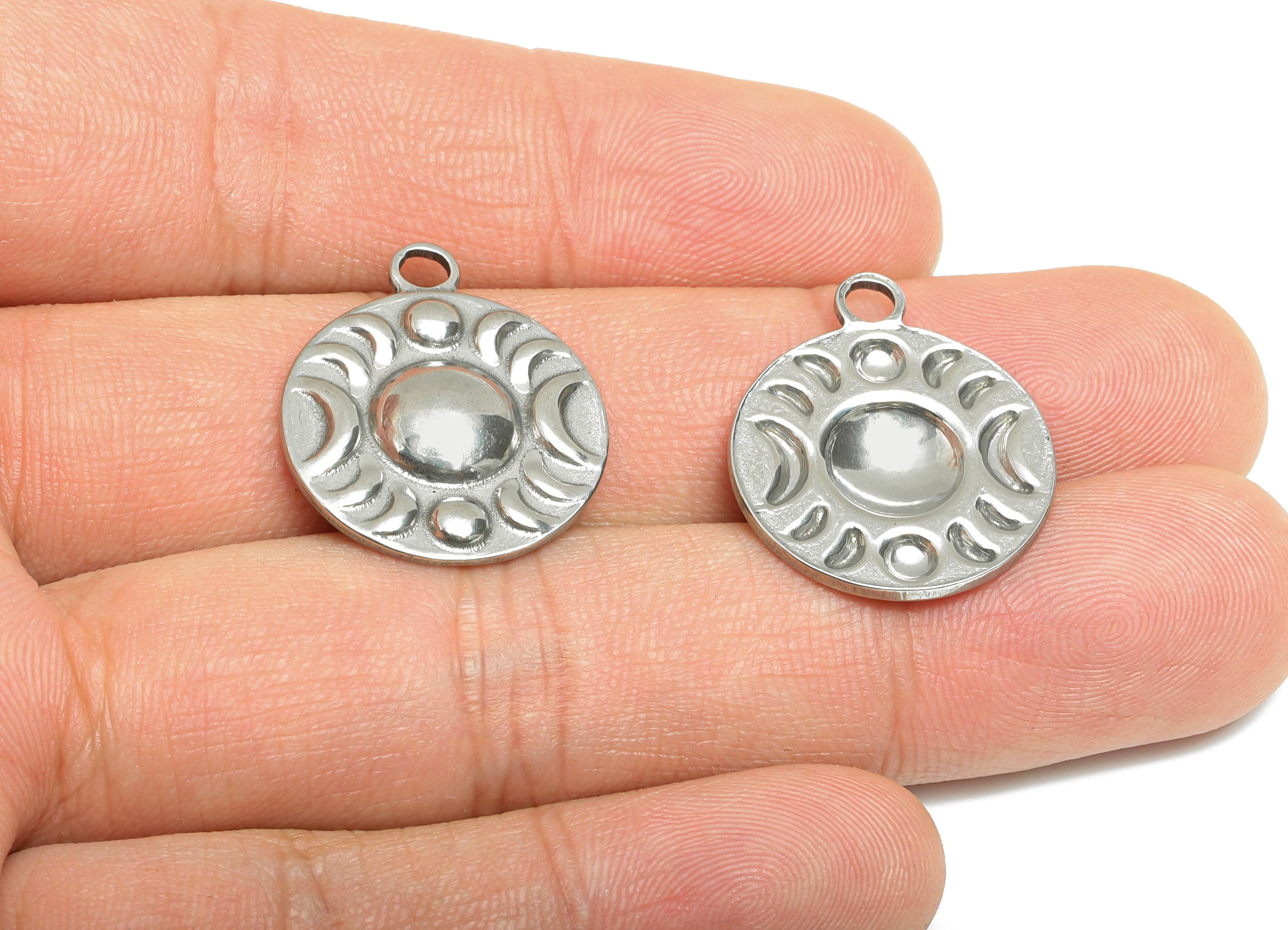 Steel Moon Phase Charms- Detailed Celestial Moon Charms - Round Cosmic Pendant - Steel Findings - Jewelry Component - 24x20x3mm -SS2119 - DOMEDBAZAAR