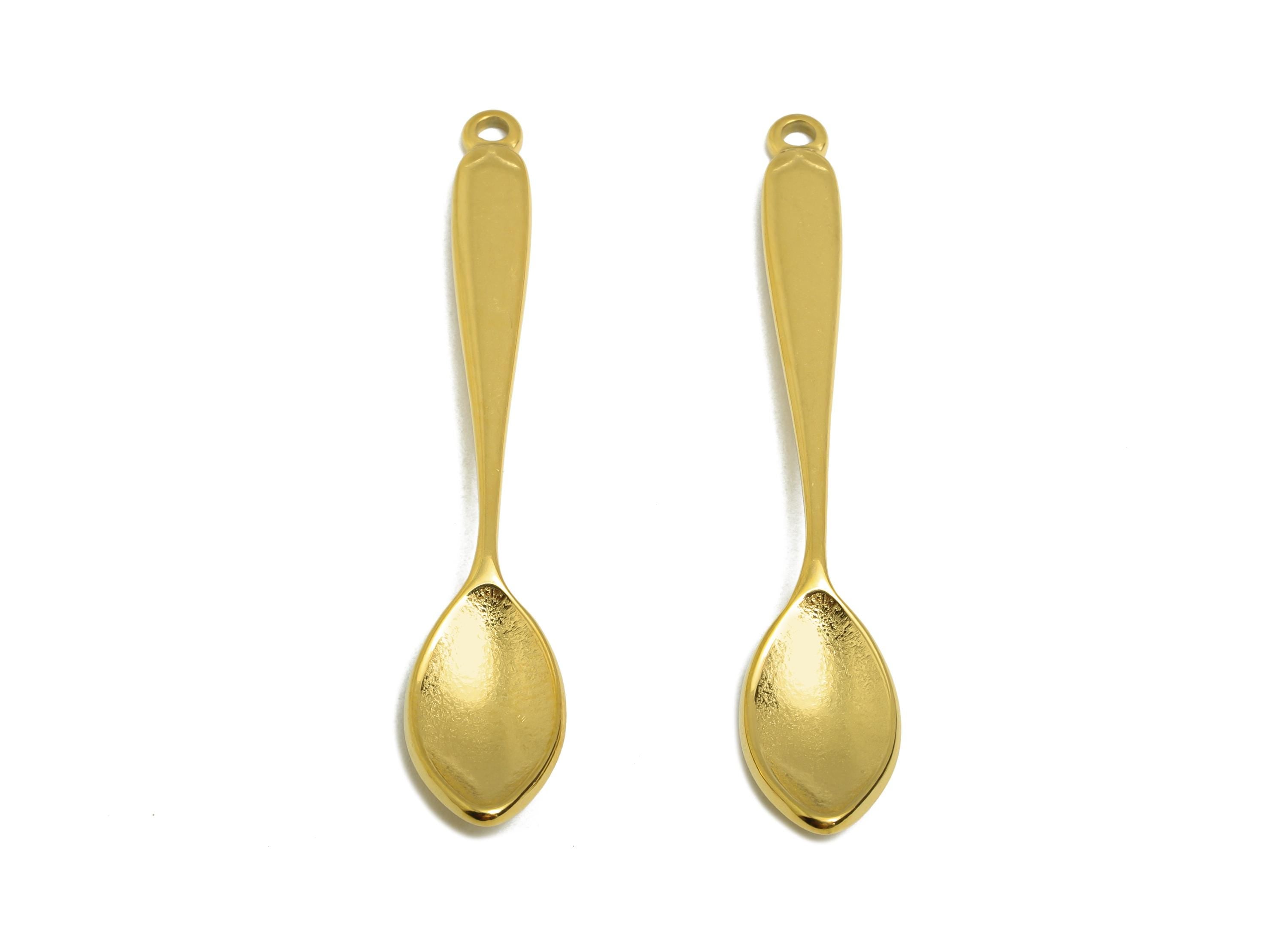 Steel Spoon Charms - Metal Cutlery Jewelry Pendant - Unique Kitchen-Themed Accessory - Gold Tone Plated - 52.33x9.67x3.67mm - SS2127G - DOMEDBAZAAR