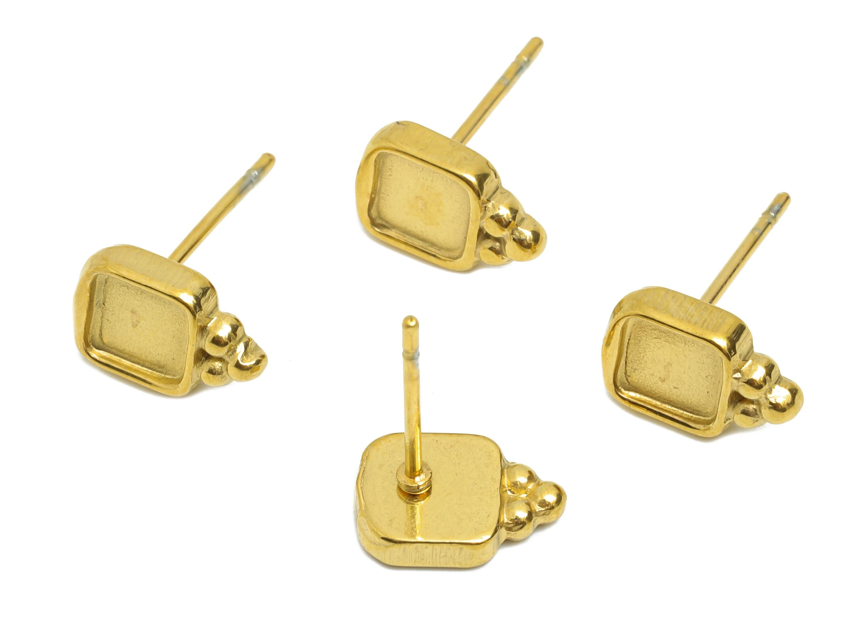 Oval Bezel Stud Earring - Steel Vintage Earring Post - Handmade Small Cabochon Earring - Mini Square Bezel Stud Earring - 9x6x2mm - SS2170G - DOMEDBAZAAR