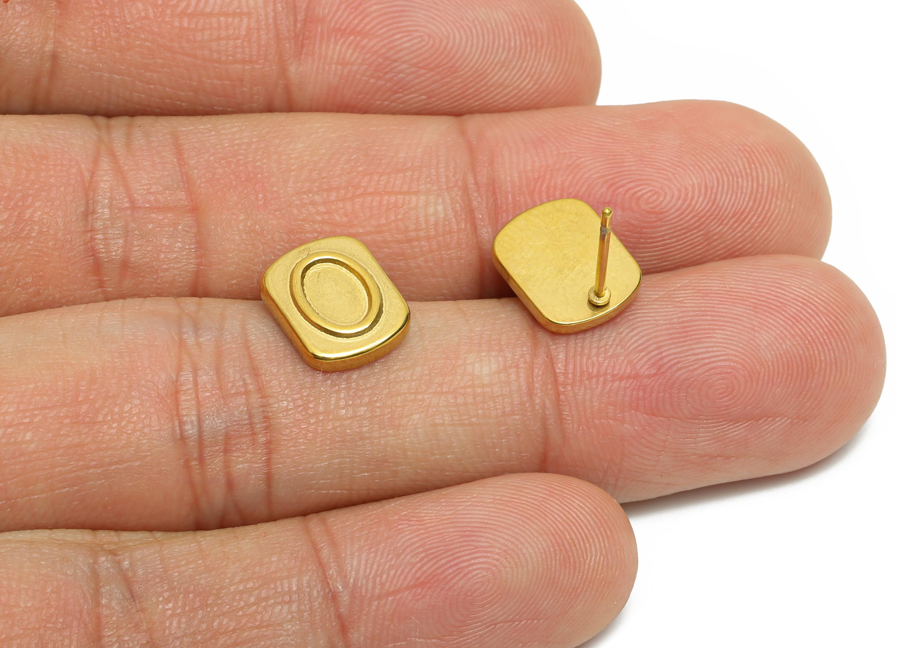 Oval Bezel Stud Earring - Steel Vintage Earring Post - Tiny Rectangular Stud Earring Settings - Antique Stud Earrings - 10.8x8x2mm - SS2165G - DOMEDBAZAAR