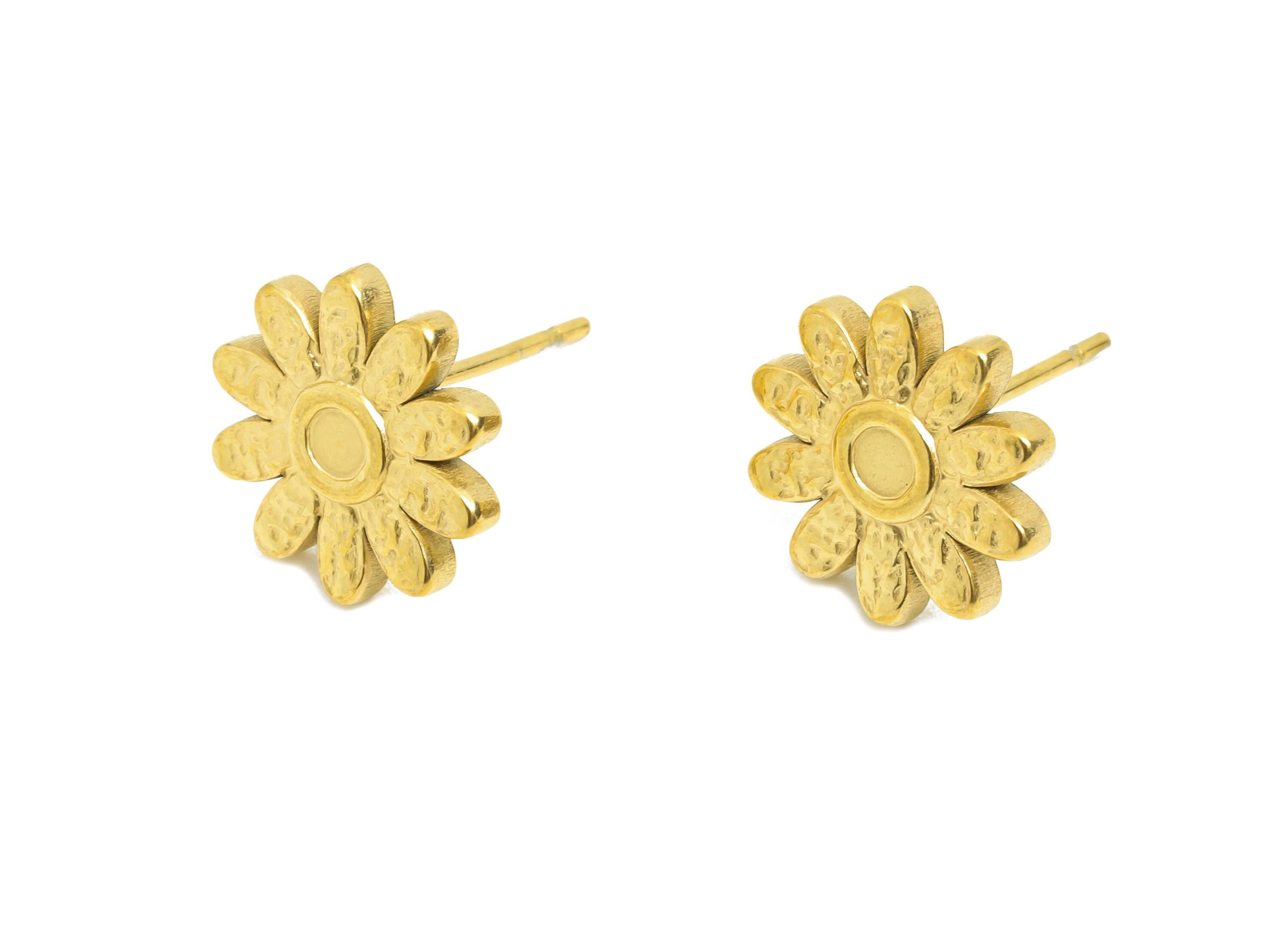 Stainless Steel Daisy Stud - Whimsical Gold Flower Earring Post - Dainty Botanical Earring - Spring Bloom Jewelry - 11x11.9x2mm - SS2183G - DOMEDBAZAAR