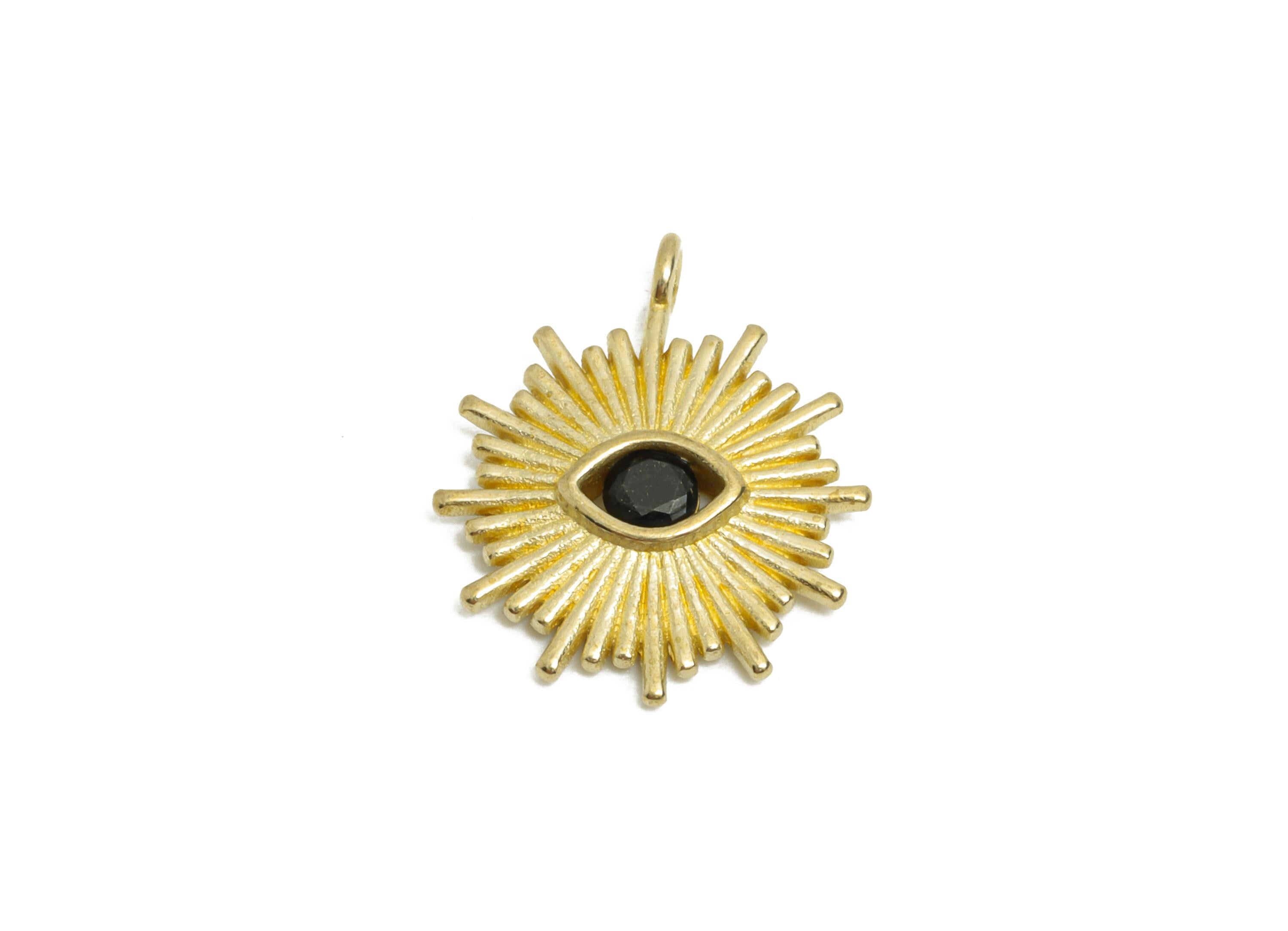 Evil Eye Sunburst Pendant - Raw Brass Sun Ray Eye Charm - Brass Zircon Radiant Eye Protection Charm - for DIY Jewelry - 13x11x2mm - PP11369 - DOMEDBAZAAR