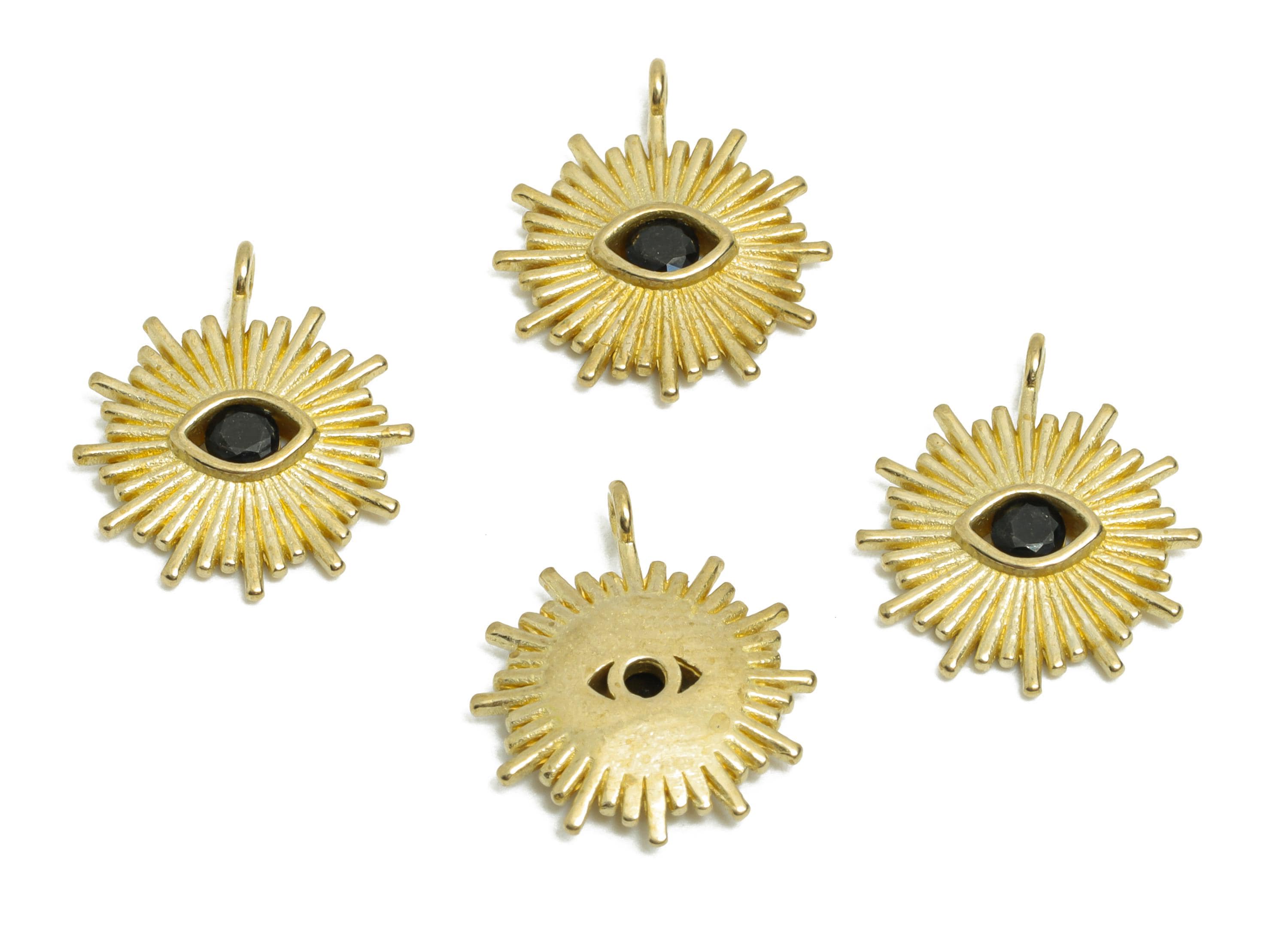 Evil Eye Sunburst Pendant - Raw Brass Sun Ray Eye Charm - Brass Zircon Radiant Eye Protection Charm - for DIY Jewelry - 13x11x2mm - PP11369 - DOMEDBAZAAR