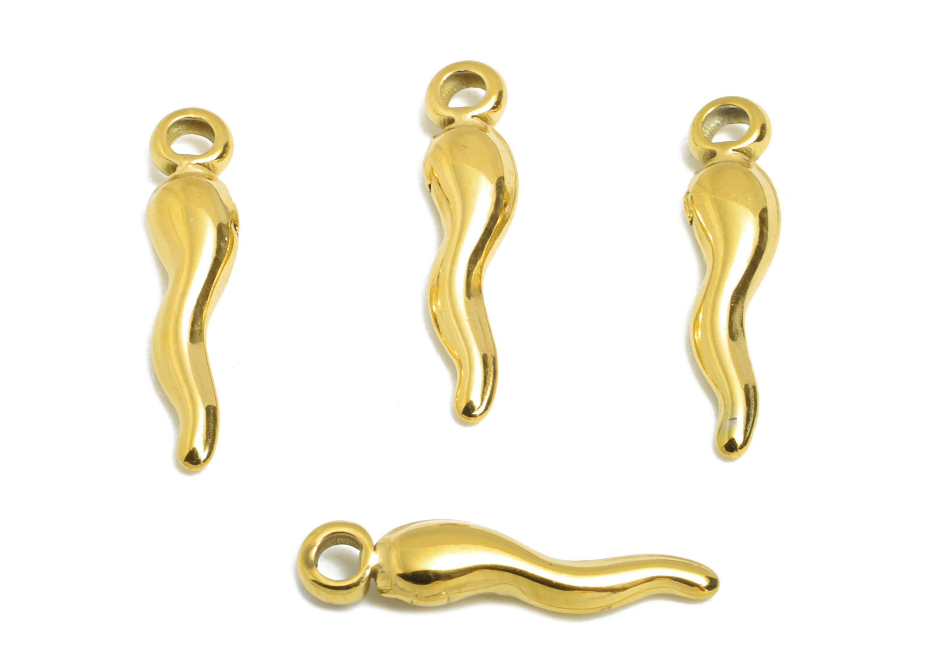 Steel Cornicello Earring Charm - Italian Horn Pendant  - Stainless Steel Protective Amulet - Gold Plating Steel - 17x3x1.73mm - SS2116G
