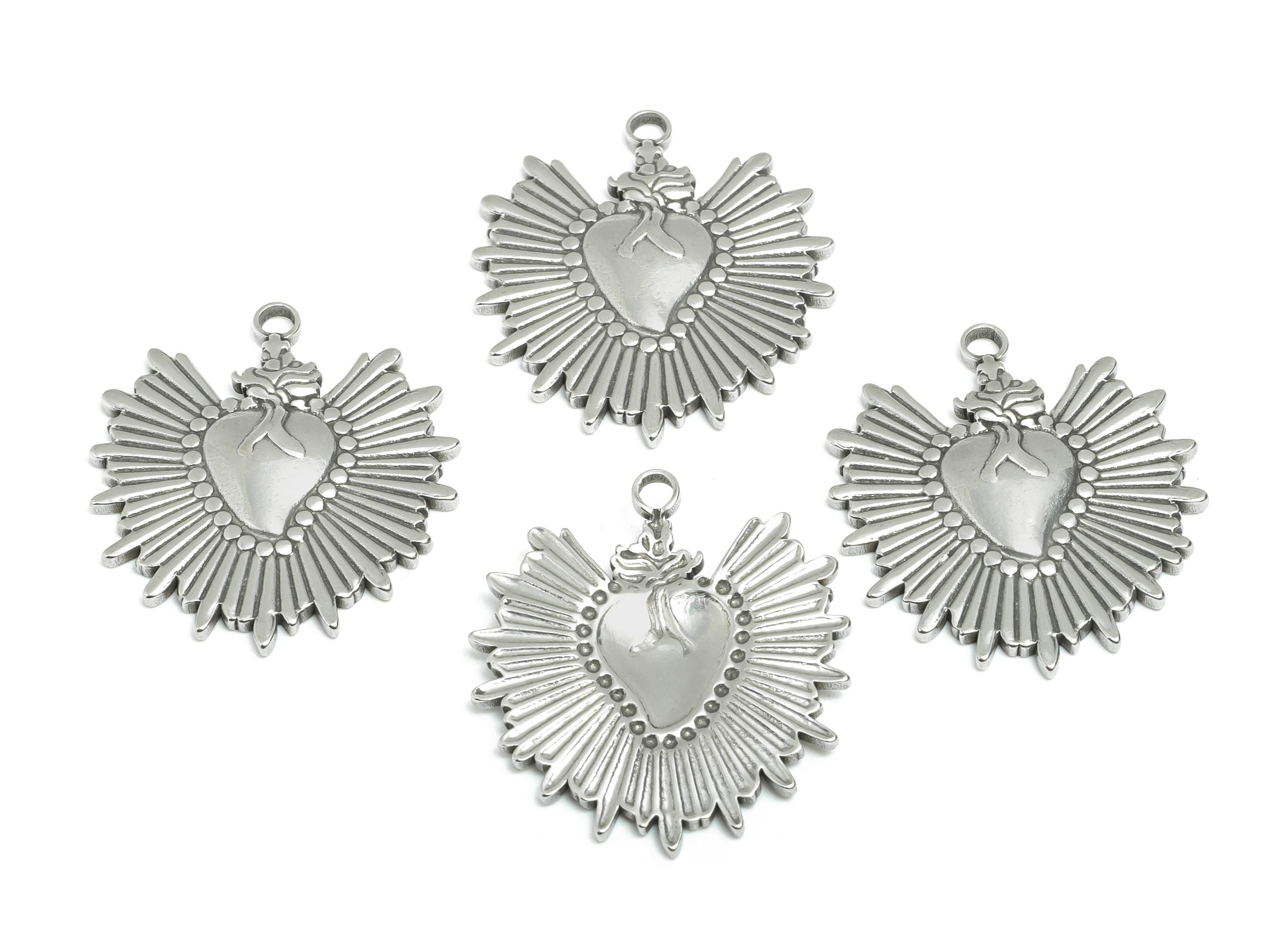 Stainless Steel Heart Pendant - Sacred Heart Charm - Mexican Milagro Flaming Heart Pendant - Heart and Flames Amulet - 29x26x2mm - SS2100 - DOMEDBAZAAR