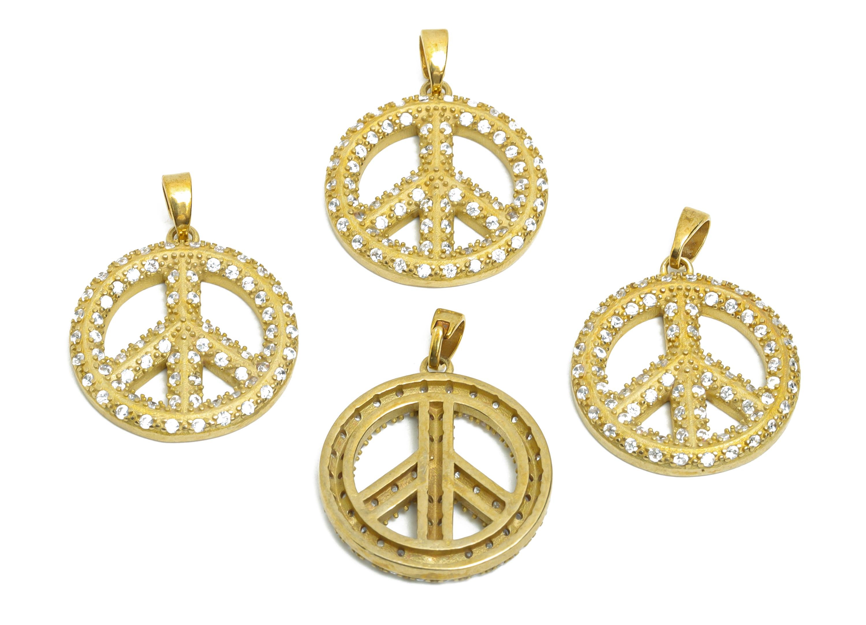 Zircon Peace Symbol Pendant - Raw Brass Vintage Hippie Pendant - Brass Round Peace Pendant With Bail - Diy For Necklace - 26x19x2mm -PP11226 - DOMEDBAZAAR