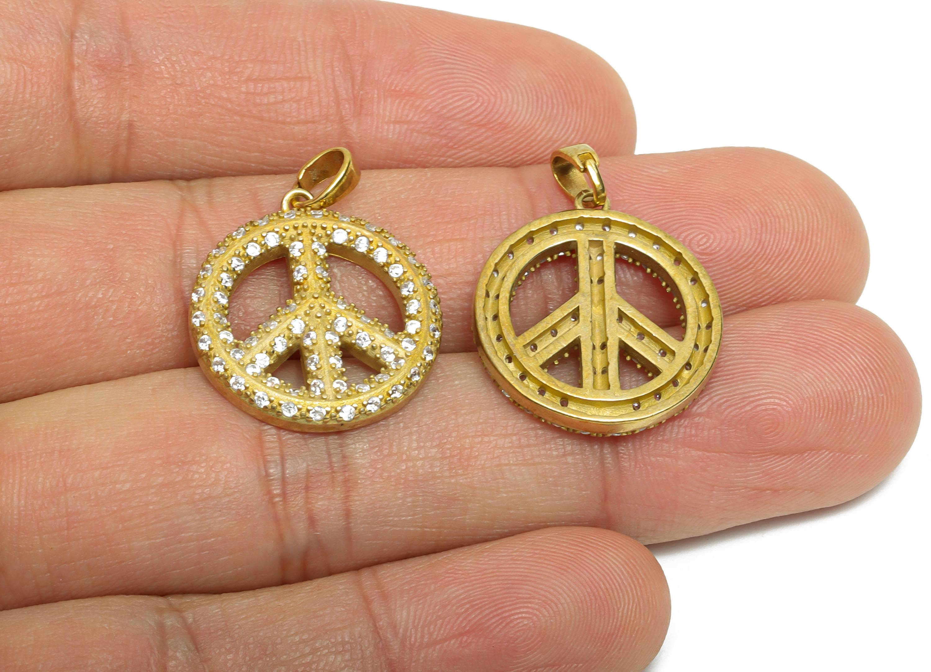 Zircon Peace Symbol Pendant - Raw Brass Vintage Hippie Pendant - Brass Round Peace Pendant With Bail - Diy For Necklace - 26x19x2mm -PP11226 - DOMEDBAZAAR