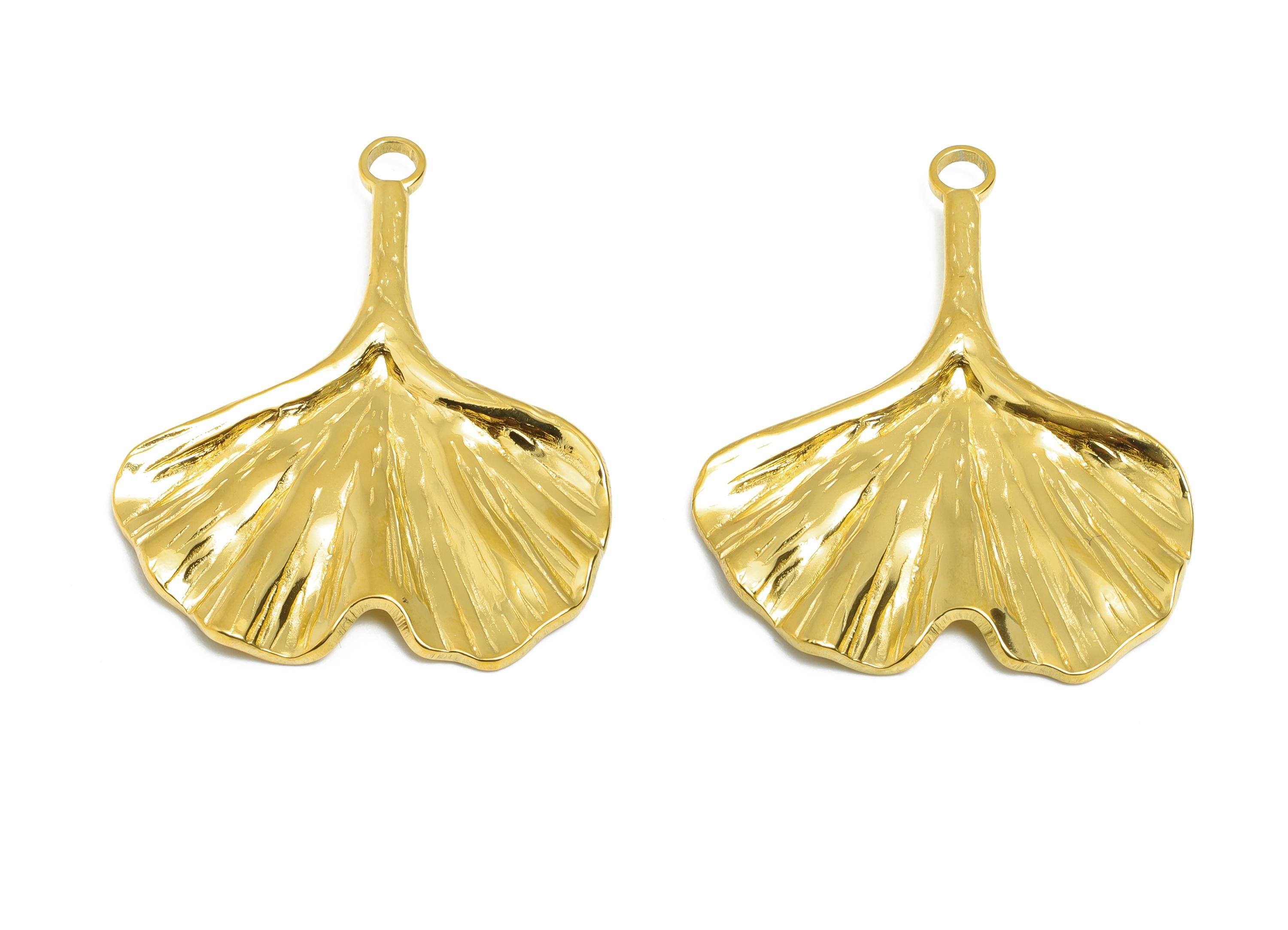 Steel Ginkgo Leaf Charm - Gold Botanical Leaf Necklace Pendant - Nature-Inspired Accessories - Gold Tone Plated - 35.9x28.8x2.45mm - SS2114G - DOMEDBAZAAR