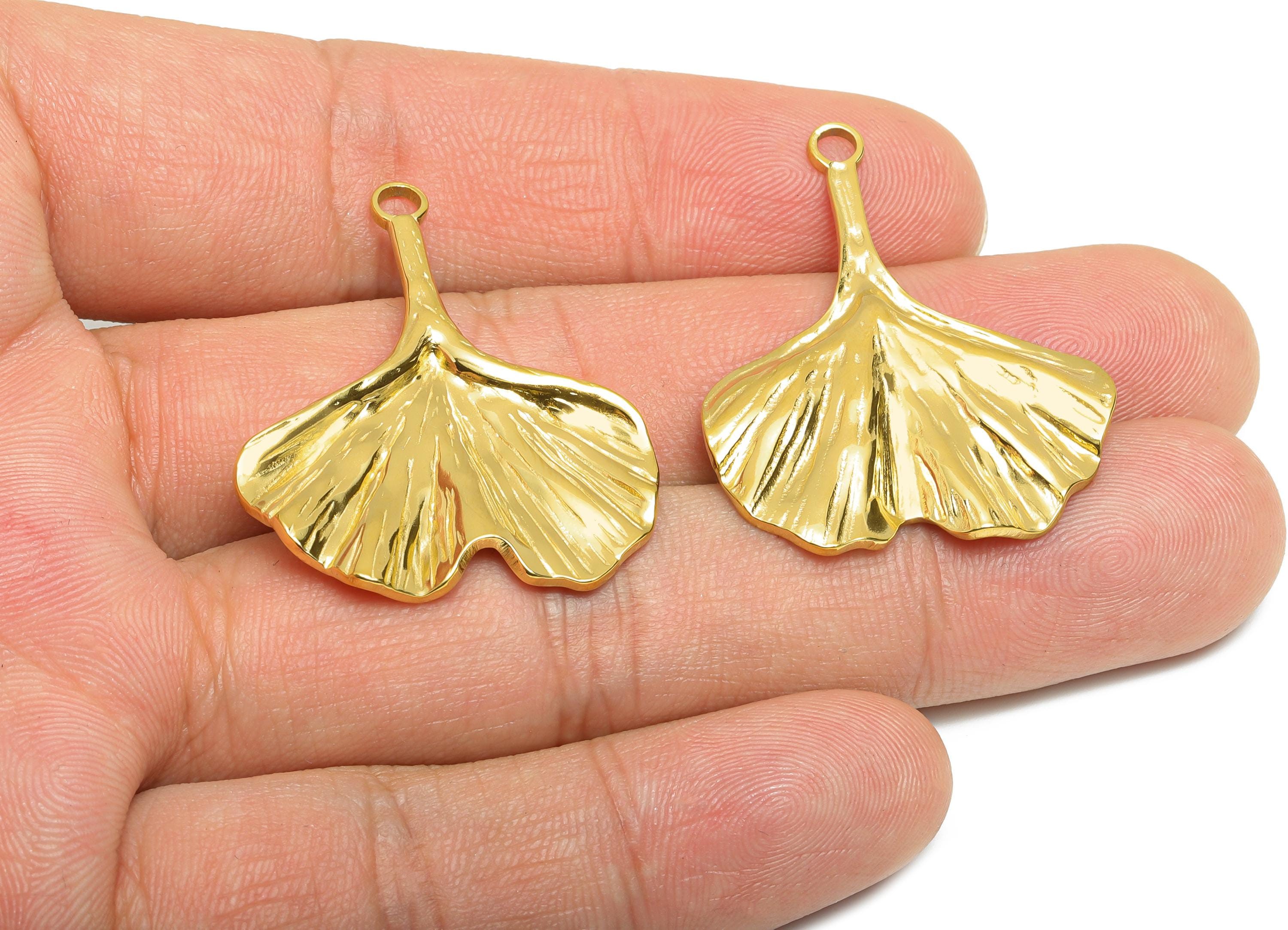 Steel Ginkgo Leaf Charm - Gold Botanical Leaf Necklace Pendant - Nature-Inspired Accessories - Gold Tone Plated - 35.9x28.8x2.45mm - SS2114G - DOMEDBAZAAR