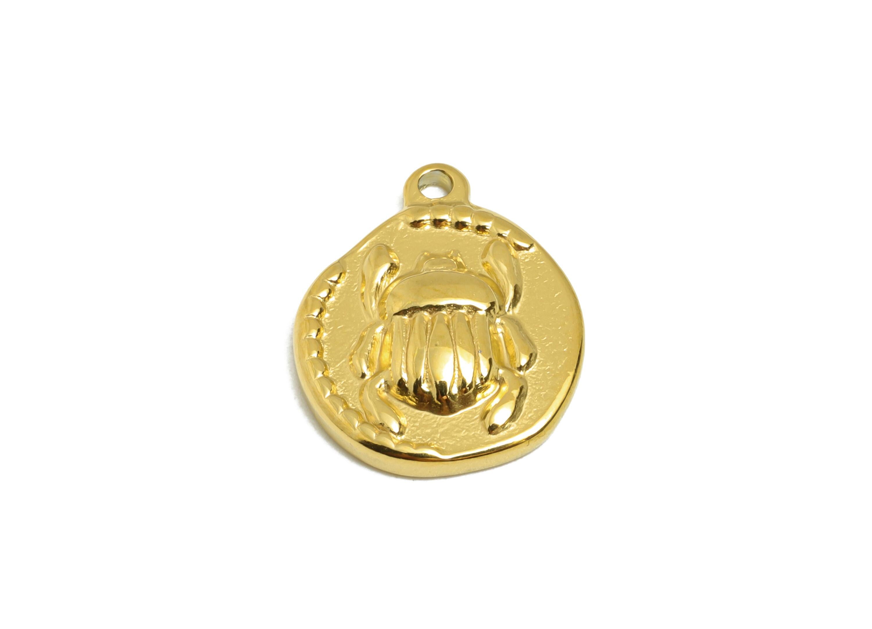 Stainless Steel Beetle Charm - Gold Round Insect Pendant for Bracelet - DIY Jewelry Component - Gold Tone Plated - 16x13.33x3.08mm - SS2107G