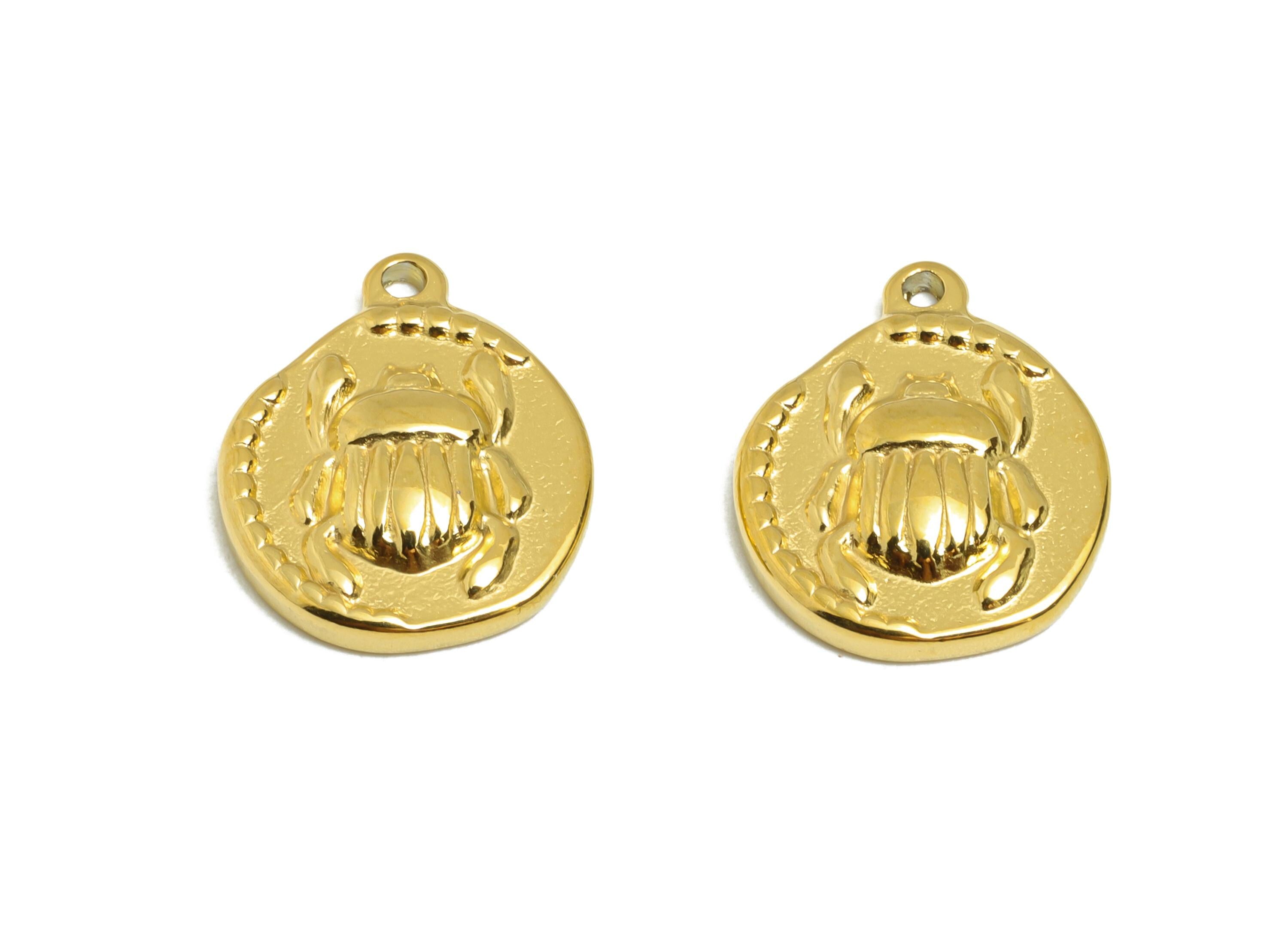 Stainless Steel Beetle Charm - Gold Round Insect Pendant for Bracelet - DIY Jewelry Component - Gold Tone Plated - 16x13.33x3.08mm - SS2107G