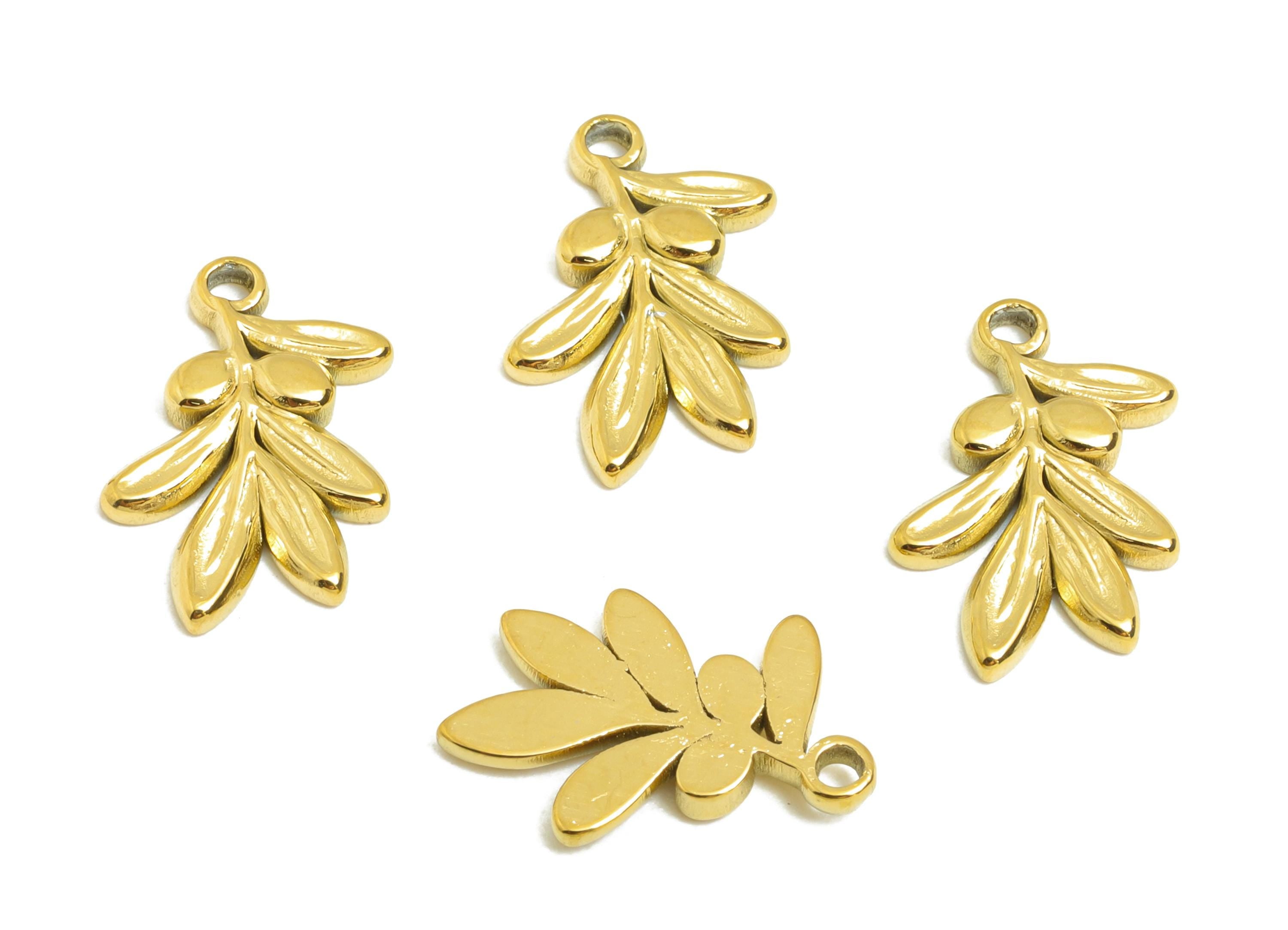 Steel Olive Branch Charm - Good Lucky Leaf Charm for Necklace - Minimalist Botanical Jewelry - Gold Tone Plated - 14.97x9.98x1.9mm - SS2125G - DOMEDBAZAAR