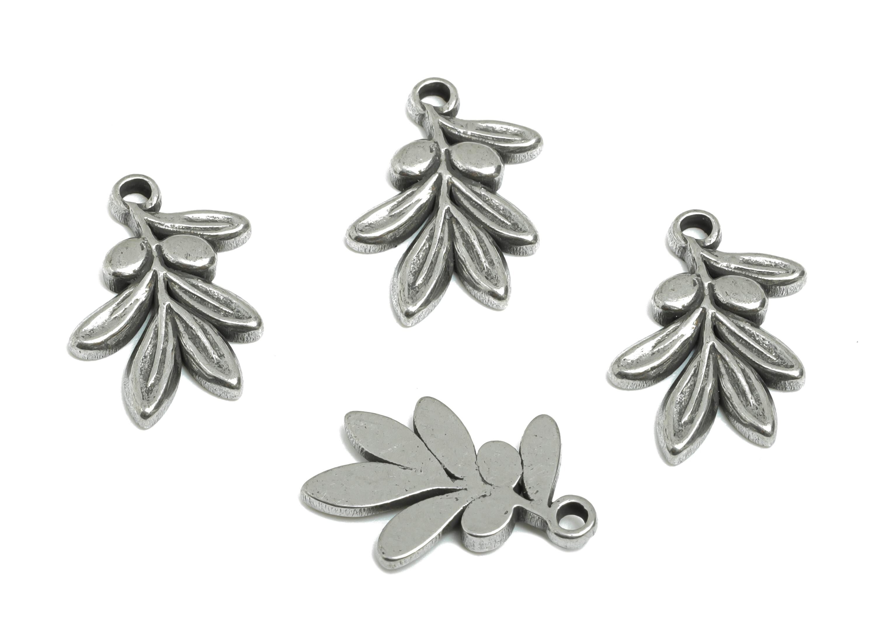Steel Olive Branch Charms - Good Lucky Leaf Charm for Necklace - Minimalist Botanical Jewelry - Steel Findings - 14.97x9.98x1.9mm - SS2125 - DOMEDBAZAAR