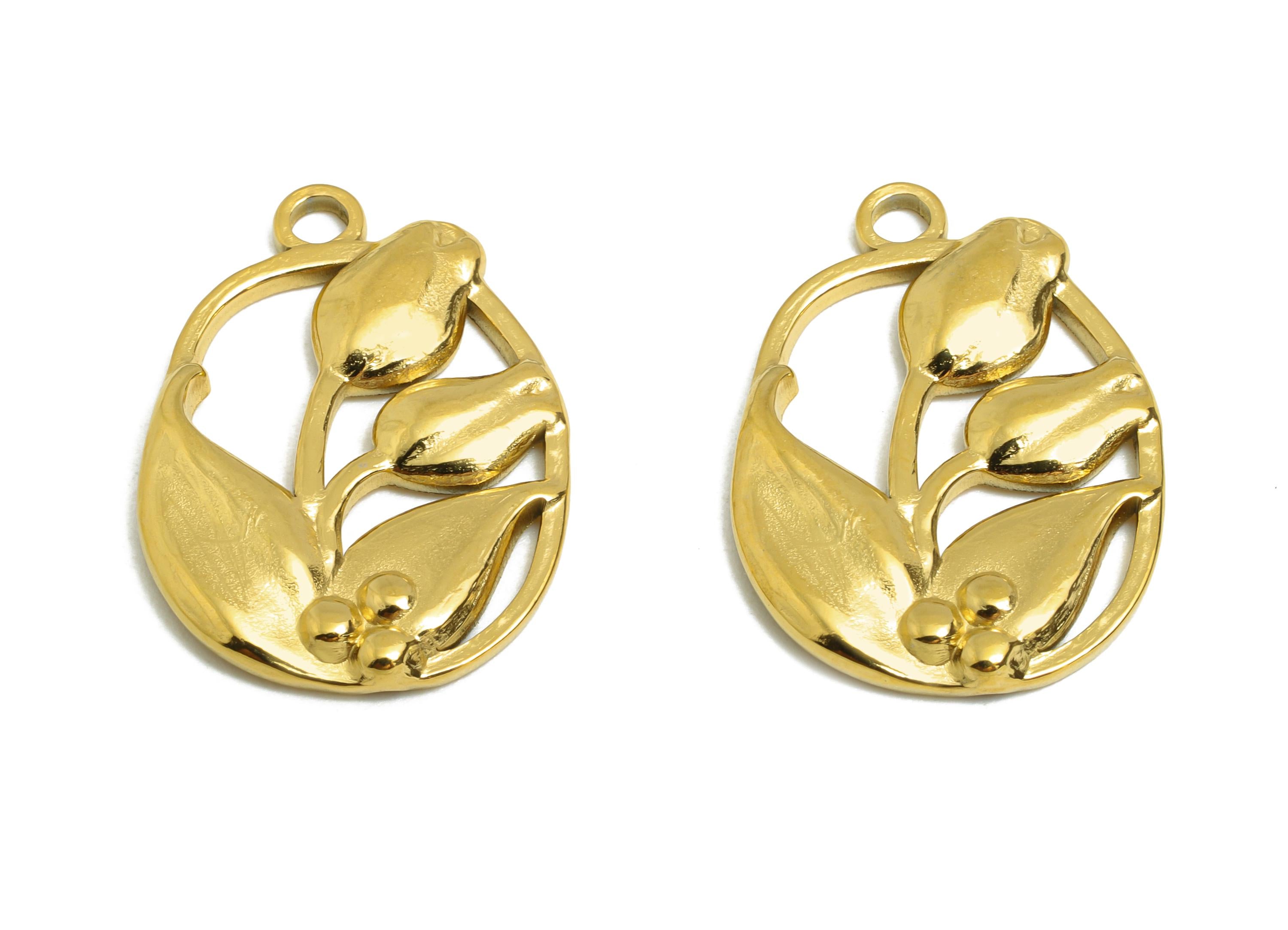 Steel Tulip Charms - Elegant Floral Necklace Pendant - Delicate Botanical Jewelry Component - Gold Tone Plated - 24.12x17.47x2.5mm - SS2111G - DOMEDBAZAAR