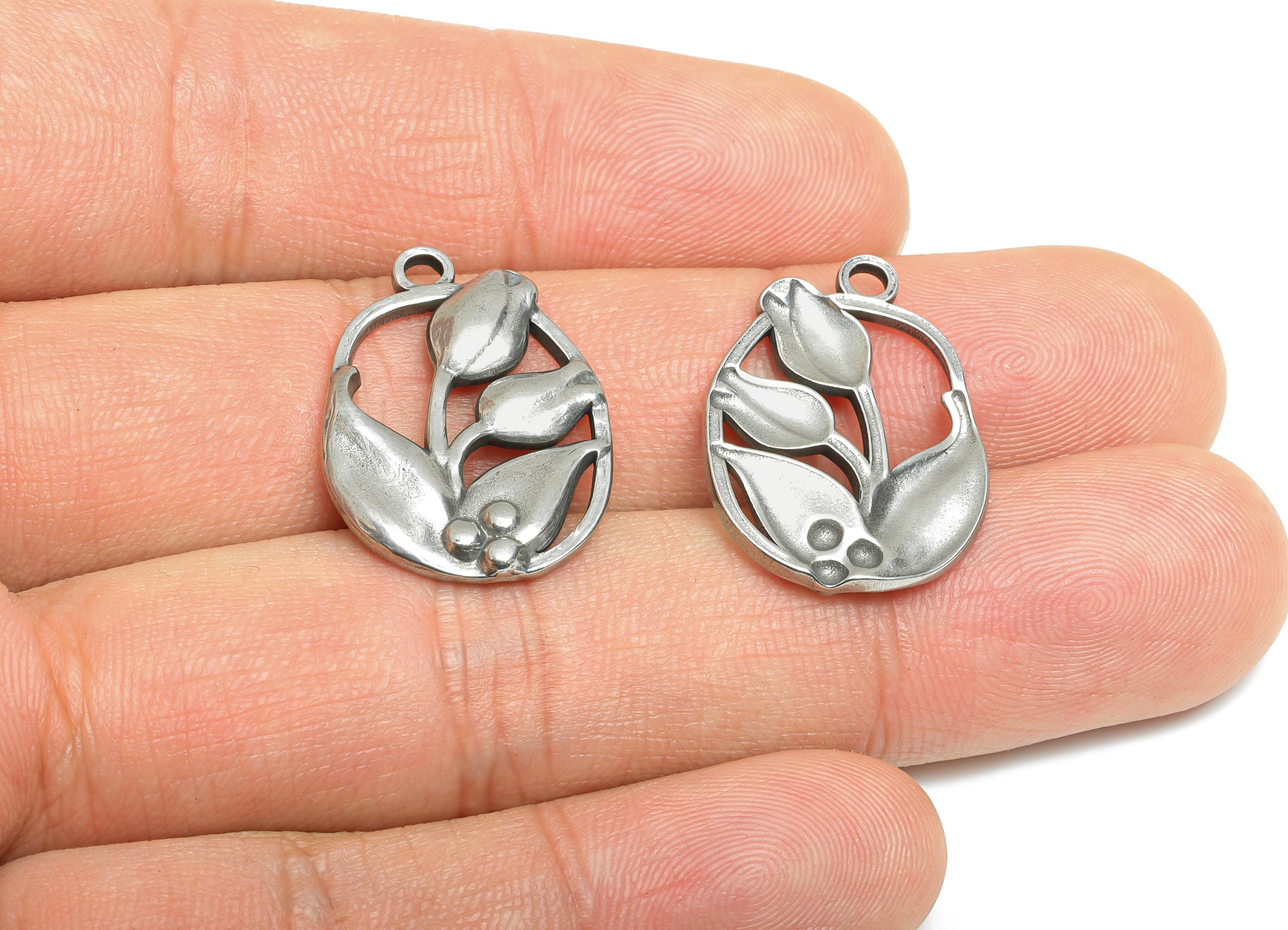 Steel Tulip Charm - Elegant Floral Necklace Pendant - Delicate Botanical Jewelry Component - Springtime Jewelry - 24.12x17.47x2.5mm - SS2111 - DOMEDBAZAAR