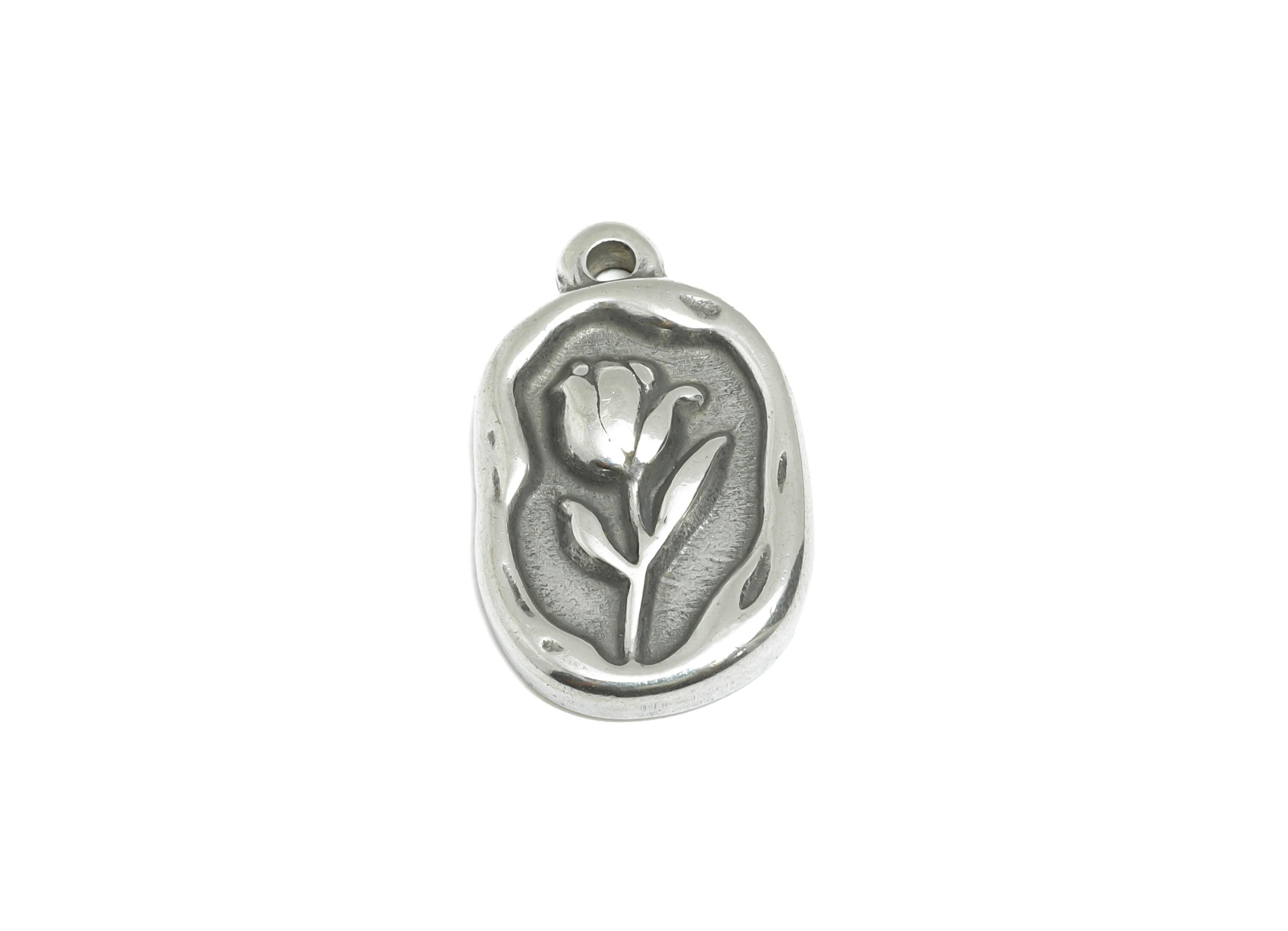 Steel Oval Tulip Charms - Vintage Floral Necklace Pendant - Romantic Botanical Accessory - DIY Making Supplies - 20.25x12.36x3.12mm - SS2118 - DOMEDBAZAAR