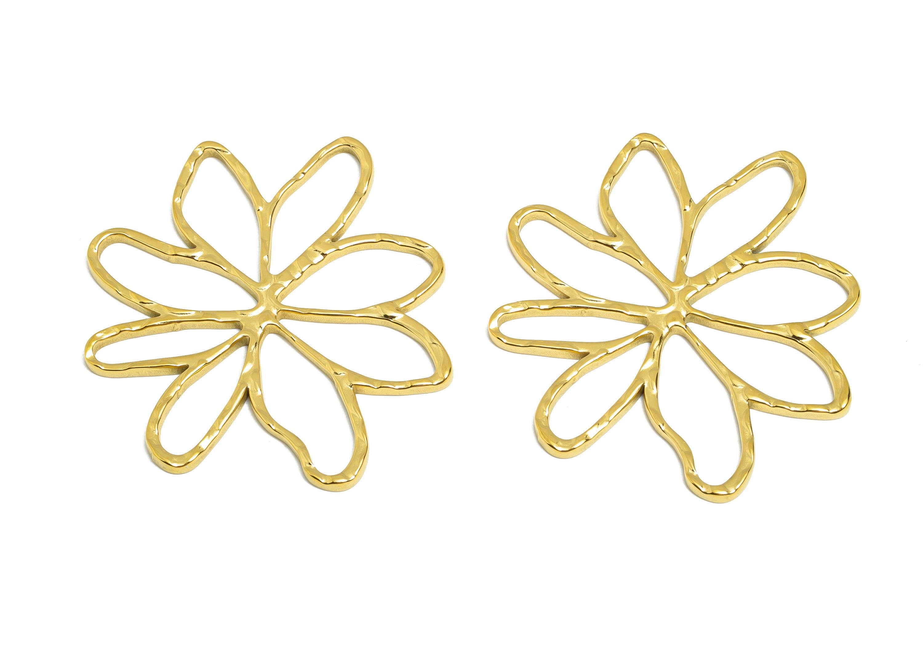 Steel Flower Pendant - Hollow Botanical Floral Necklace Pendant - Spring Blossom Jewelry - Gold Tone Plated - 42.48x37x1.63mm - SS2101G - DOMEDBAZAAR