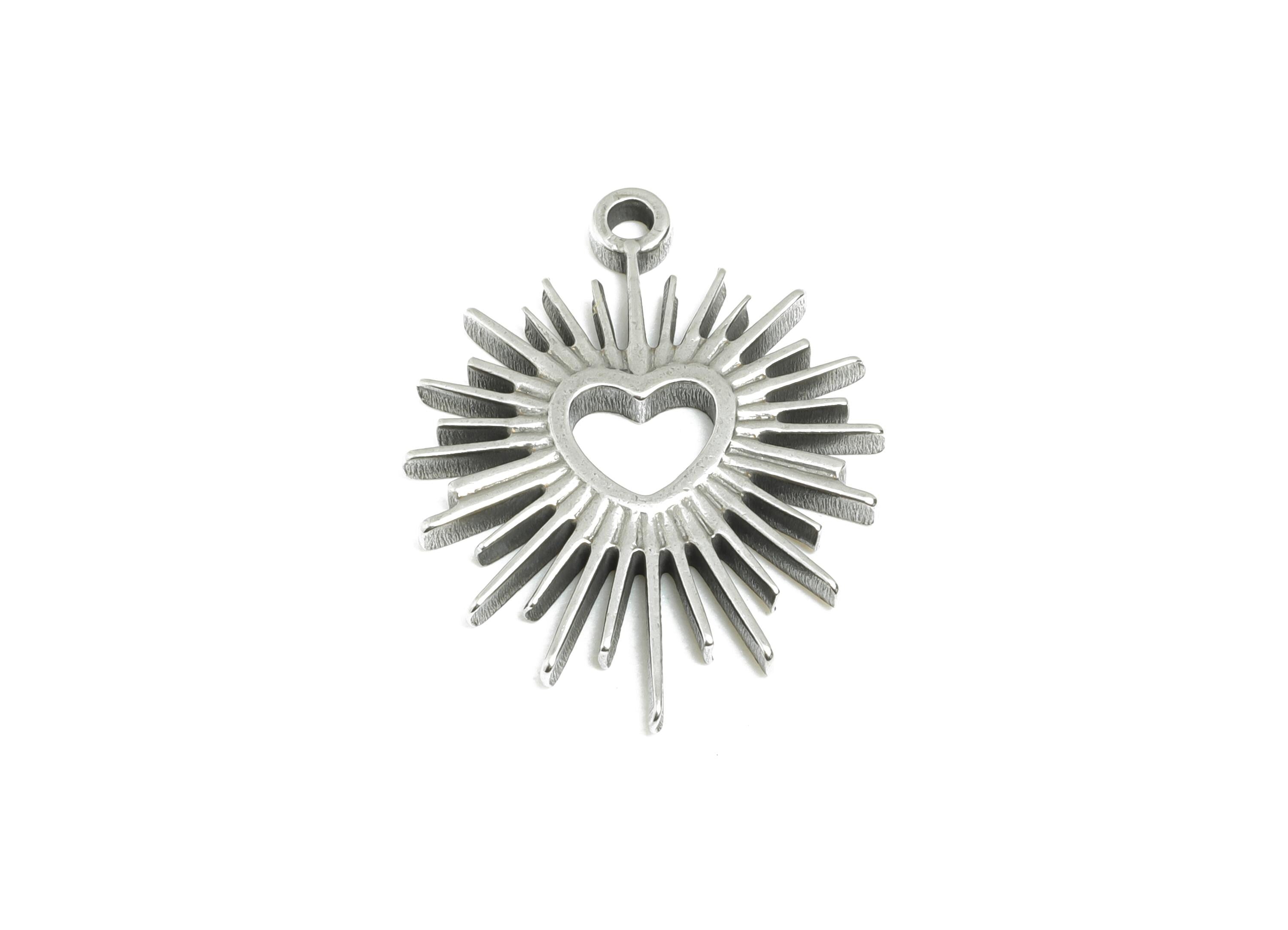 Steel Sunburst Heart Pendant - Sunray Openwork Charm - Stainless Steel Charm - Celestial Heart Jewelry - Sunbeam Pendant - 22x17x1mm -SS2117 - DOMEDBAZAAR