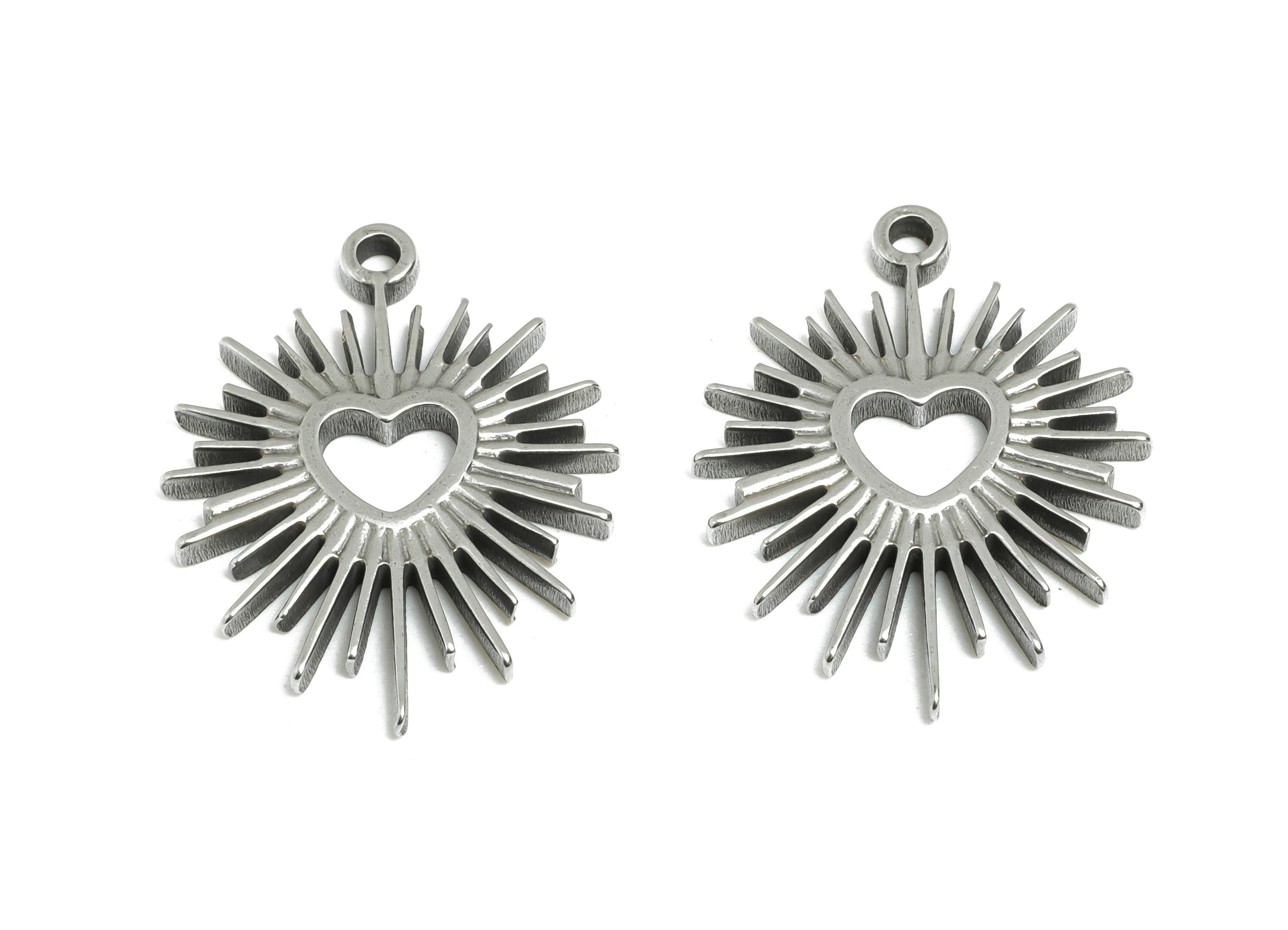 Steel Sunburst Heart Pendant - Sunray Openwork Charm - Stainless Steel Charm - Celestial Heart Jewelry - Sunbeam Pendant - 22x17x1mm -SS2117 - DOMEDBAZAAR