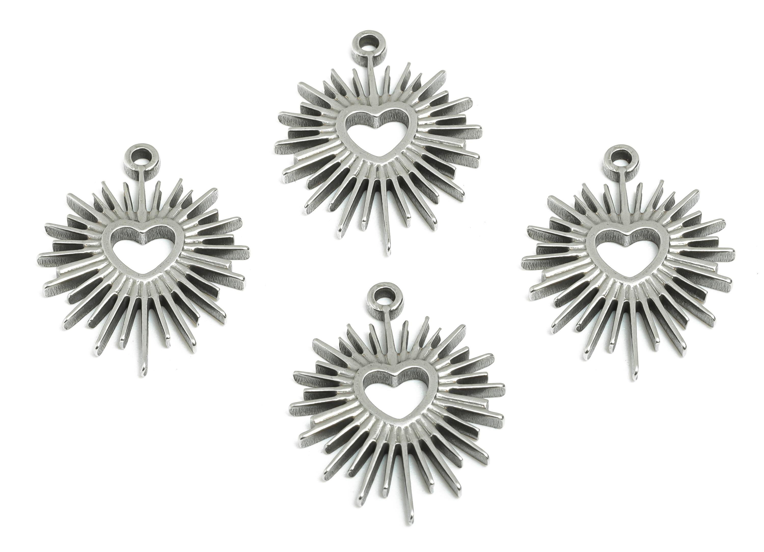 Steel Sunburst Heart Pendant - Sunray Openwork Charm - Stainless Steel Charm - Celestial Heart Jewelry - Sunbeam Pendant - 22x17x1mm -SS2117 - DOMEDBAZAAR