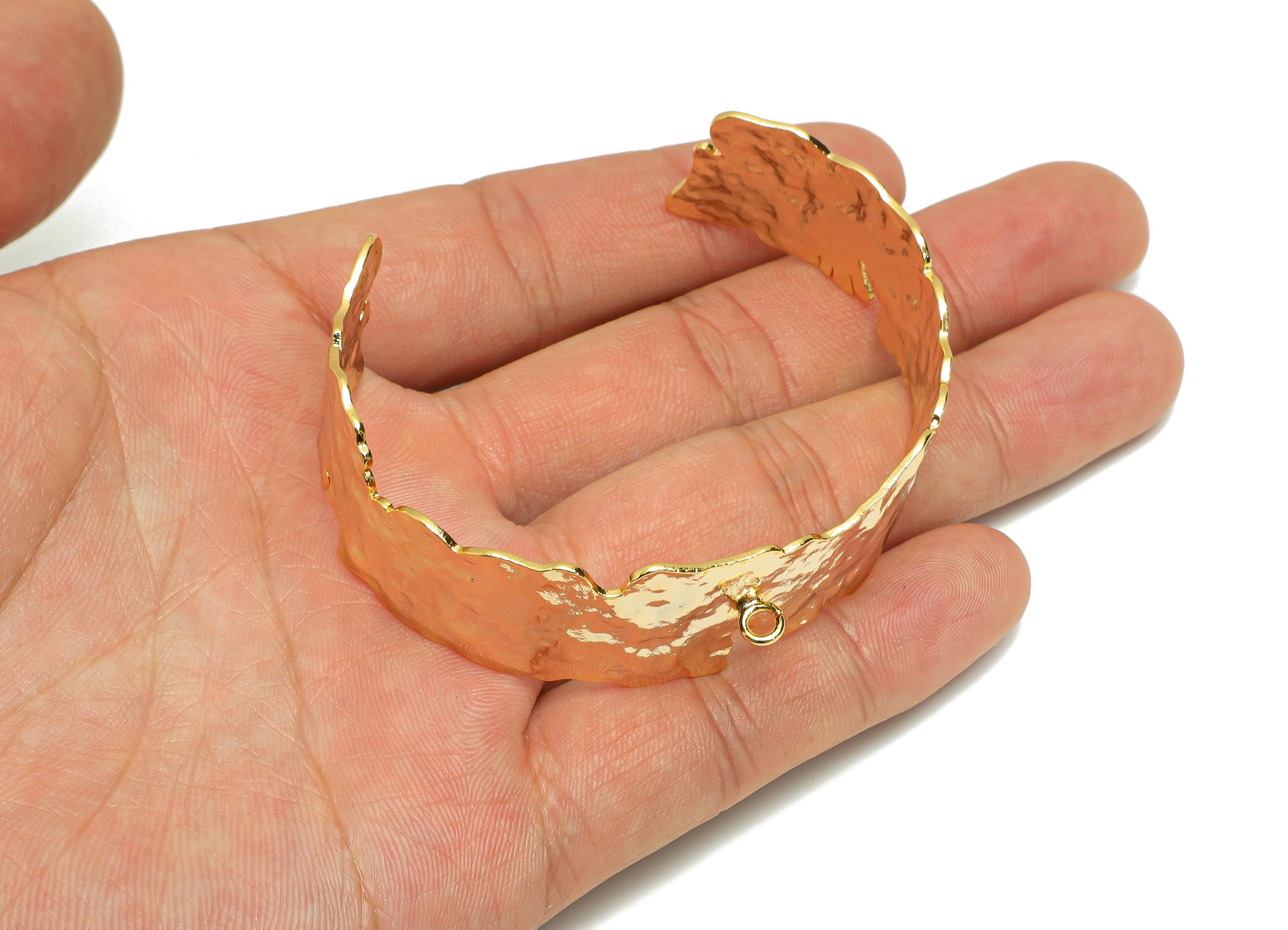 Brass Cuff Bracelet - Hammered Bracelet Pressed With Loop - Adjustable Bracelet With Open Loop - 18K Real Gold Plated -66x52x20mm-RGP10805 - DOMEDBAZAAR