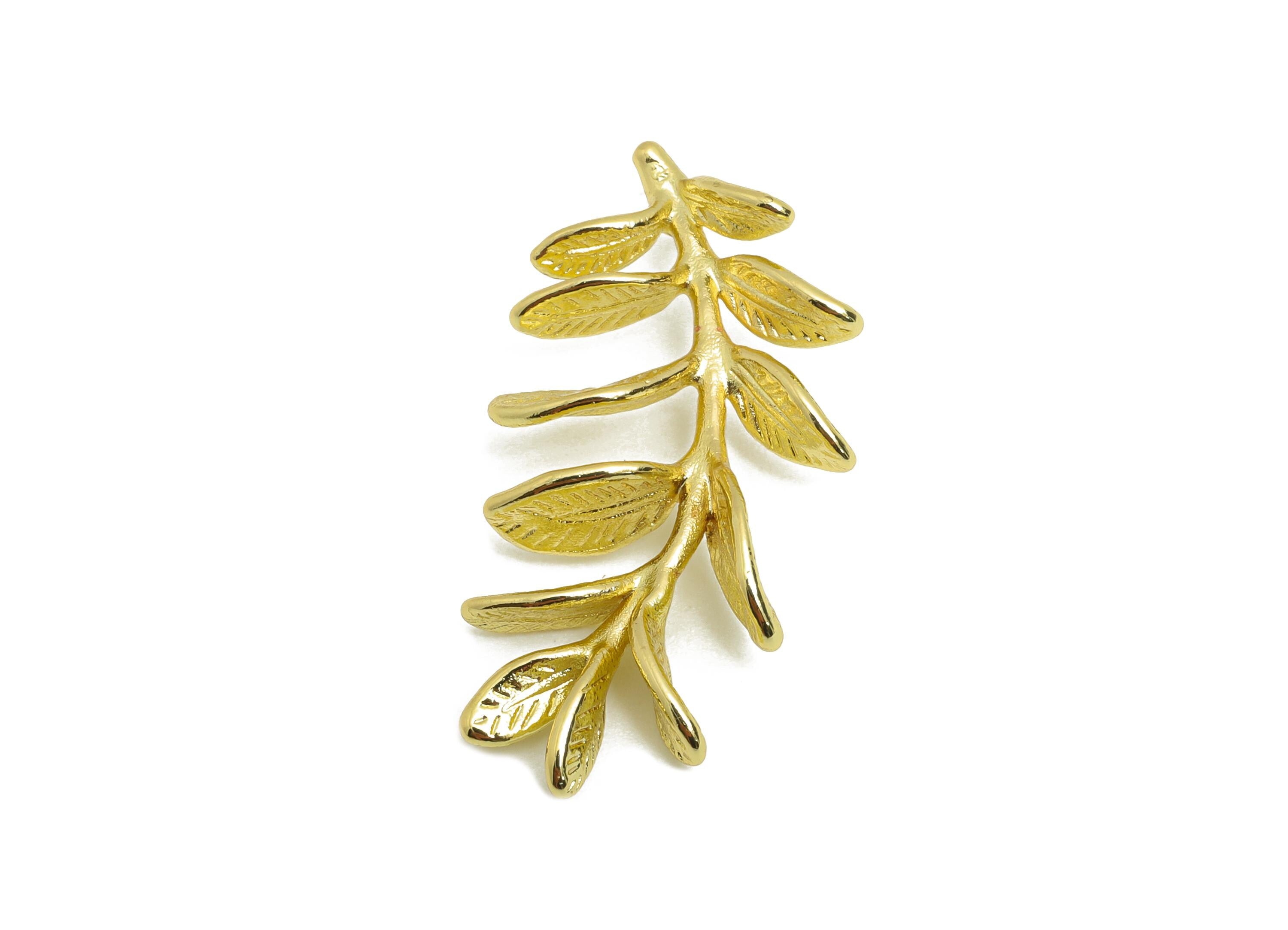 Brass Leaf Earring Charm - Gold Leaf Branch Jewelry Charm - Textured Olive Branch Jewelry Piece - Gold Tone Plating- 32x16x4mm - RGP10439 - DOMEDBAZAAR