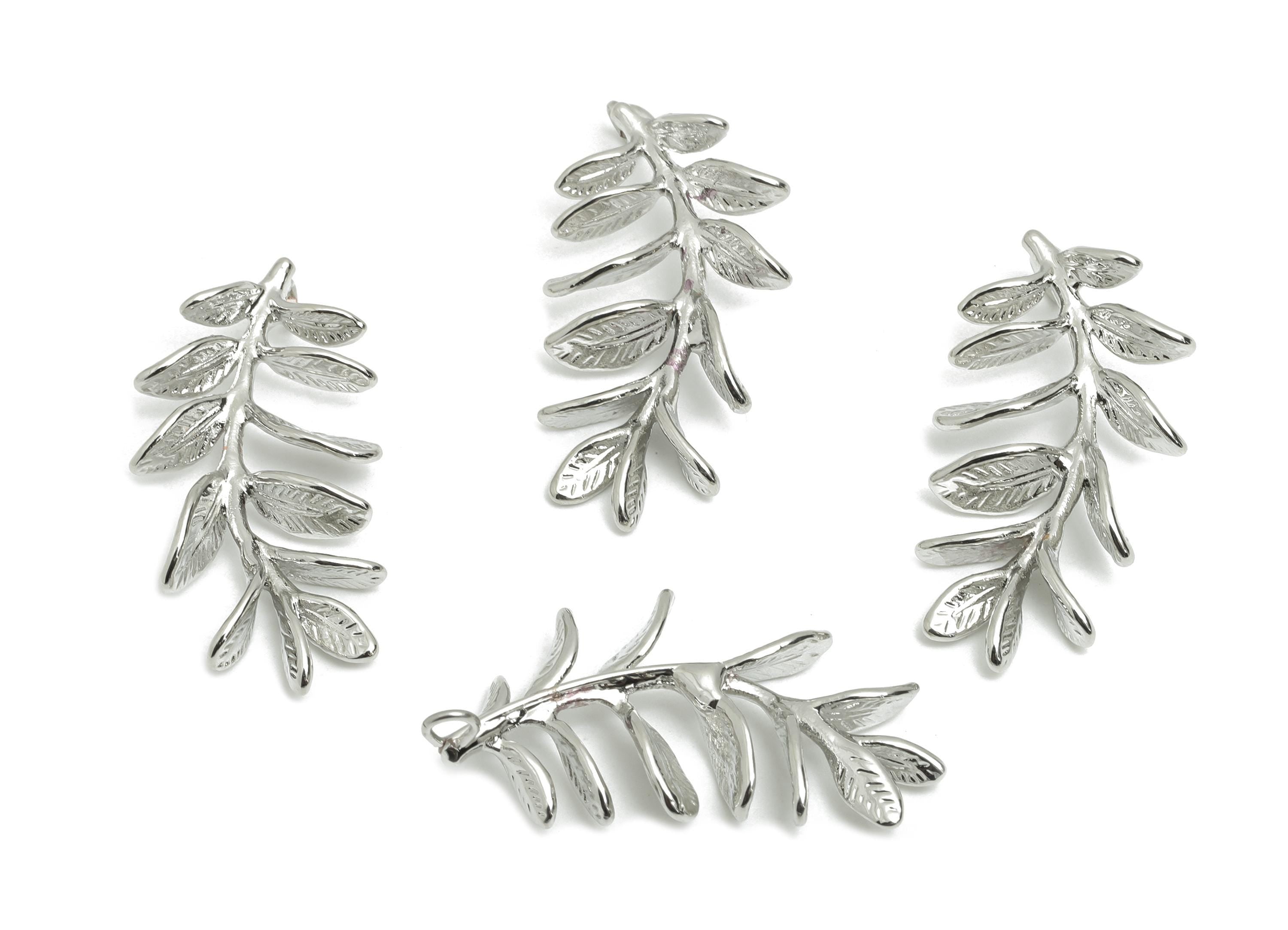 Brass Leaf Earring Charm - Silver Leaf Branch Jewelry Charm - Textured Olive Branch Jewelry Piece - Silver Tone Plating- 32x16x4mm -RGP10430 - DOMEDBAZAAR