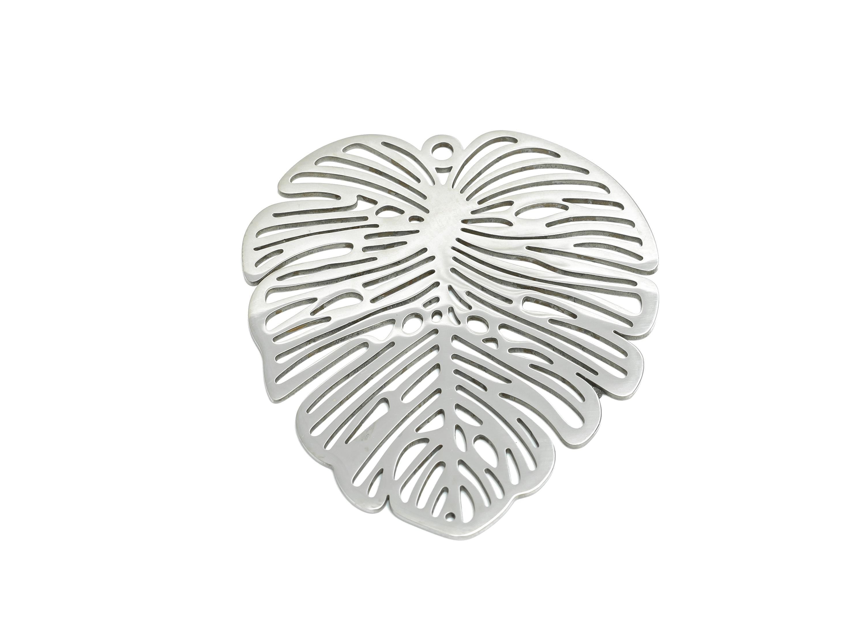 Monstera Leaf Pendant - Steel Tropical Leaf Jewelry  - Botanical Jewelry Supply - Steel Boho Charm - Nature Jewelry - 49x43x0.98mm - SS2626 - DOMEDBAZAAR