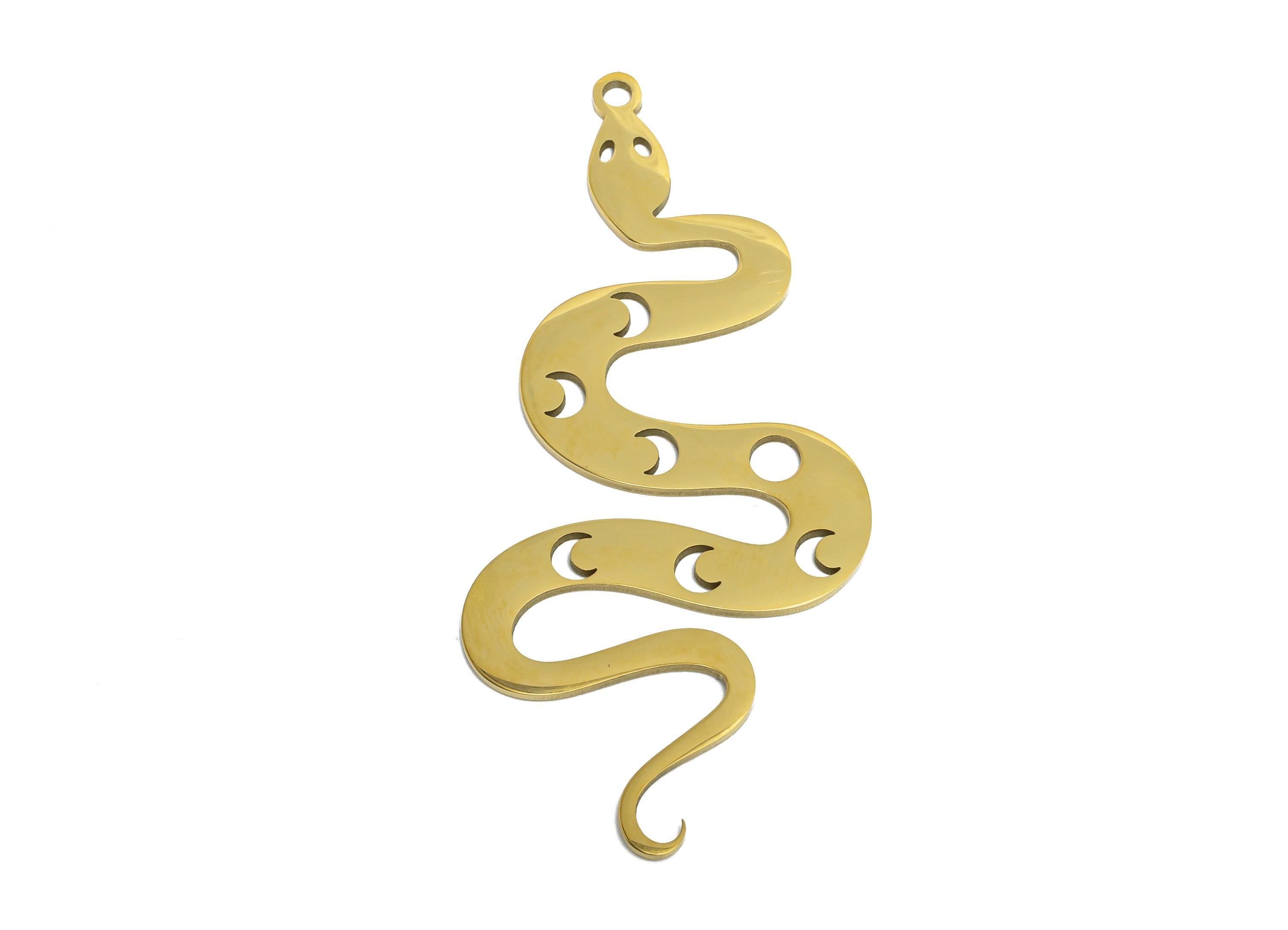 Moon Phase Snake Pendant - Stainless Steel Serpent Amulet - Mystical Serpent Jewelry - 18K Real Vacuum Plated - 48.35x21x0.98mm - SS2620G - DOMEDBAZAAR