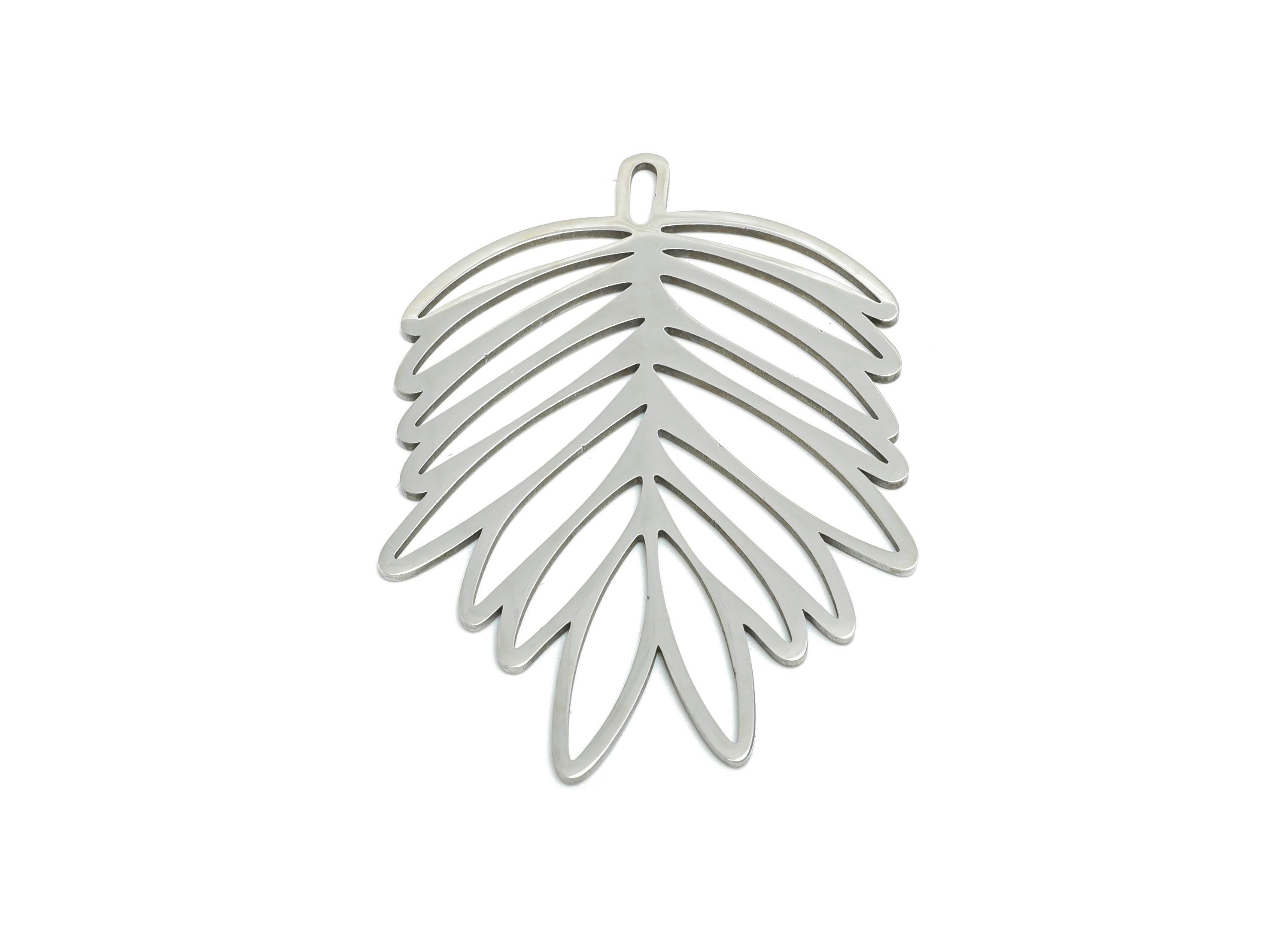 Tropical Leaf Pendant - Steel Boho Palm Leaf Jewelry - Minimalist Botanical Pendant - Geometric Leaf Dangle Charm - 38x28x0.98mm - SS2624