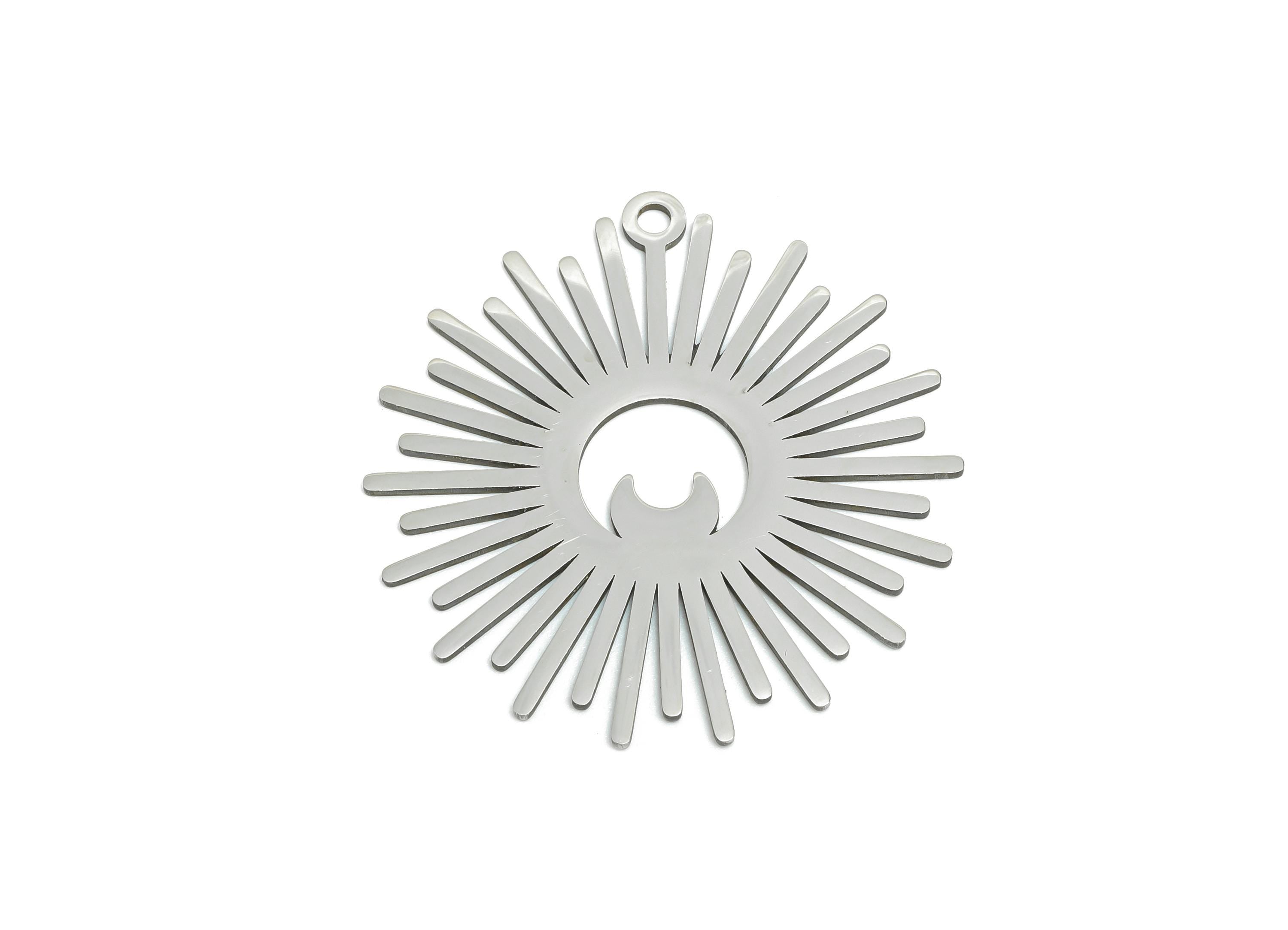 Stainless Steel Sun Charm - Geometric Crescent Pendant - Modern Sunburst Jewelry Making - Sun Rays Necklace Charm - 37x35x0.98mm - SS2618