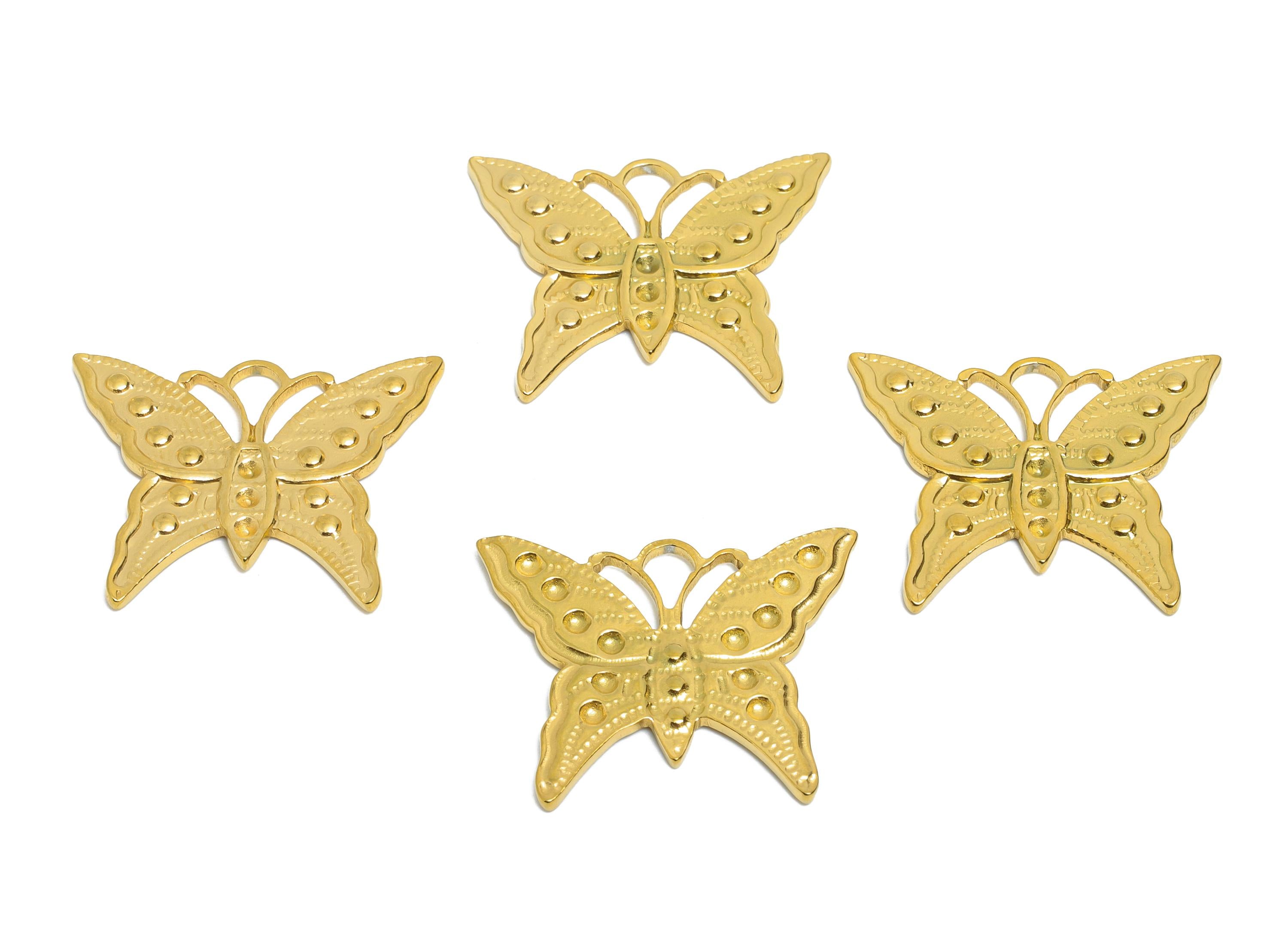 Steel Butterfly Charm - Textured Insect Charm - Detailed Steel Butterfly Pendant for Necklace - 18K Gold Plated - 19.66x24.2x1.57mm - SS2355 - DOMEDBAZAAR